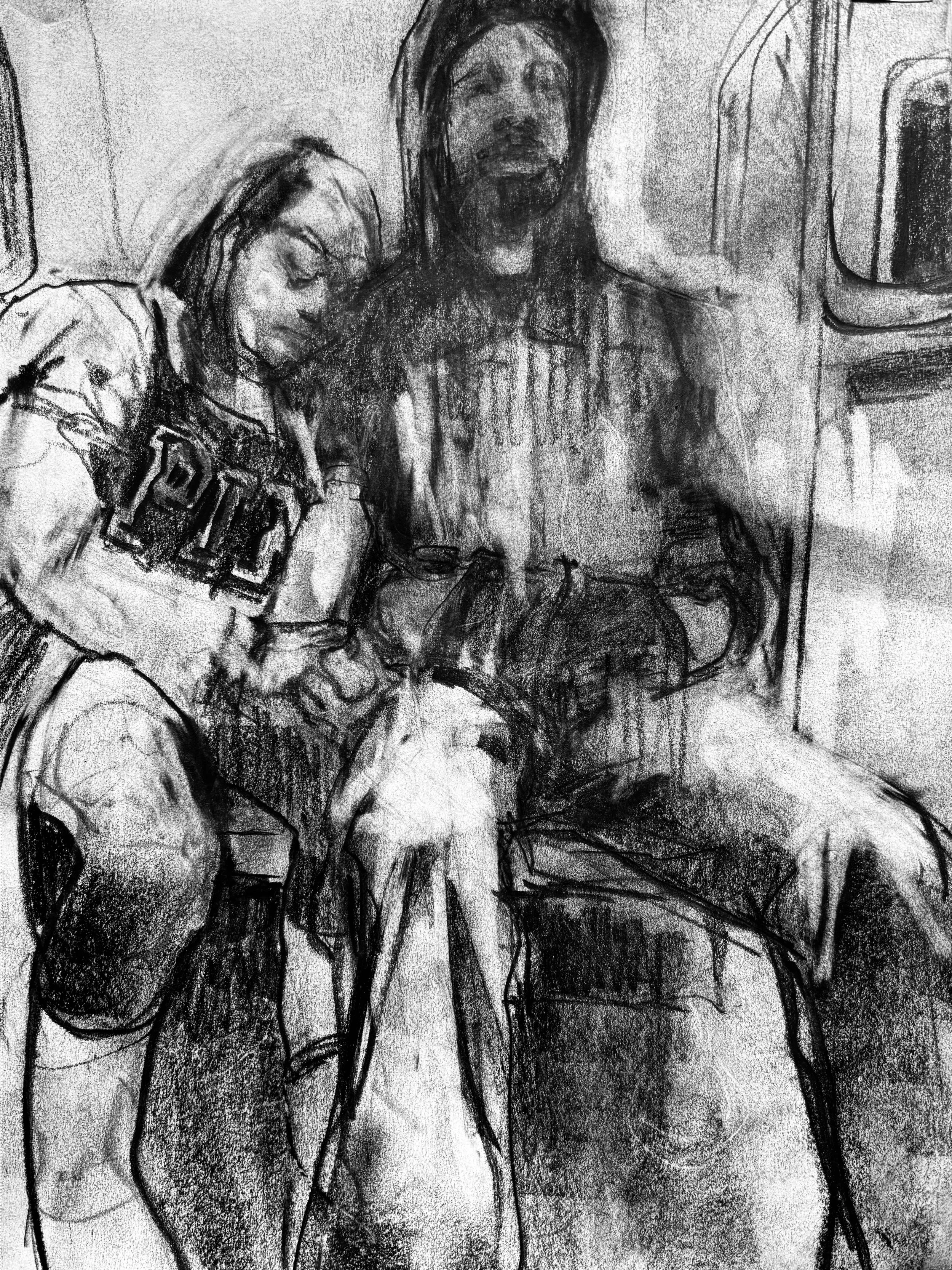 YOUNG COUPLE ON TRAIN (NYC SUBWAY)
Graphite on Fabriano Bristol
12" x 18"
09/22/2025