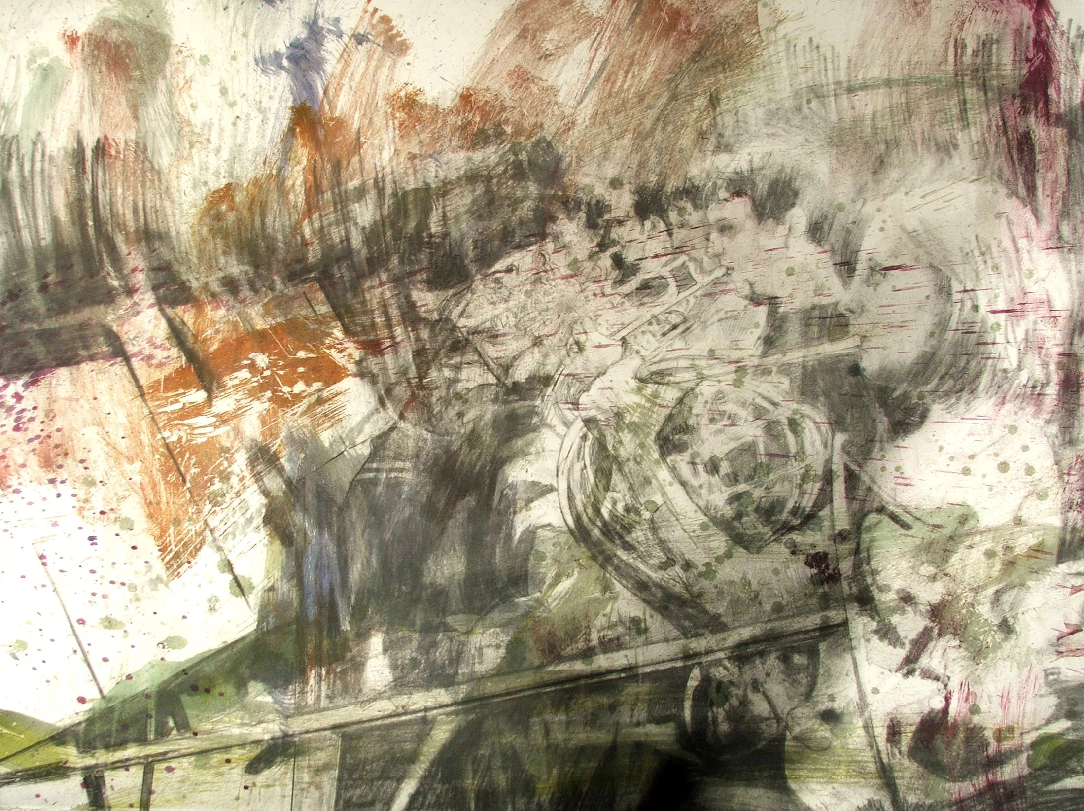 BRASS SECTION
Graphite, oil paint and water on Rives B.F.K.
30" x 22"
c. 2012