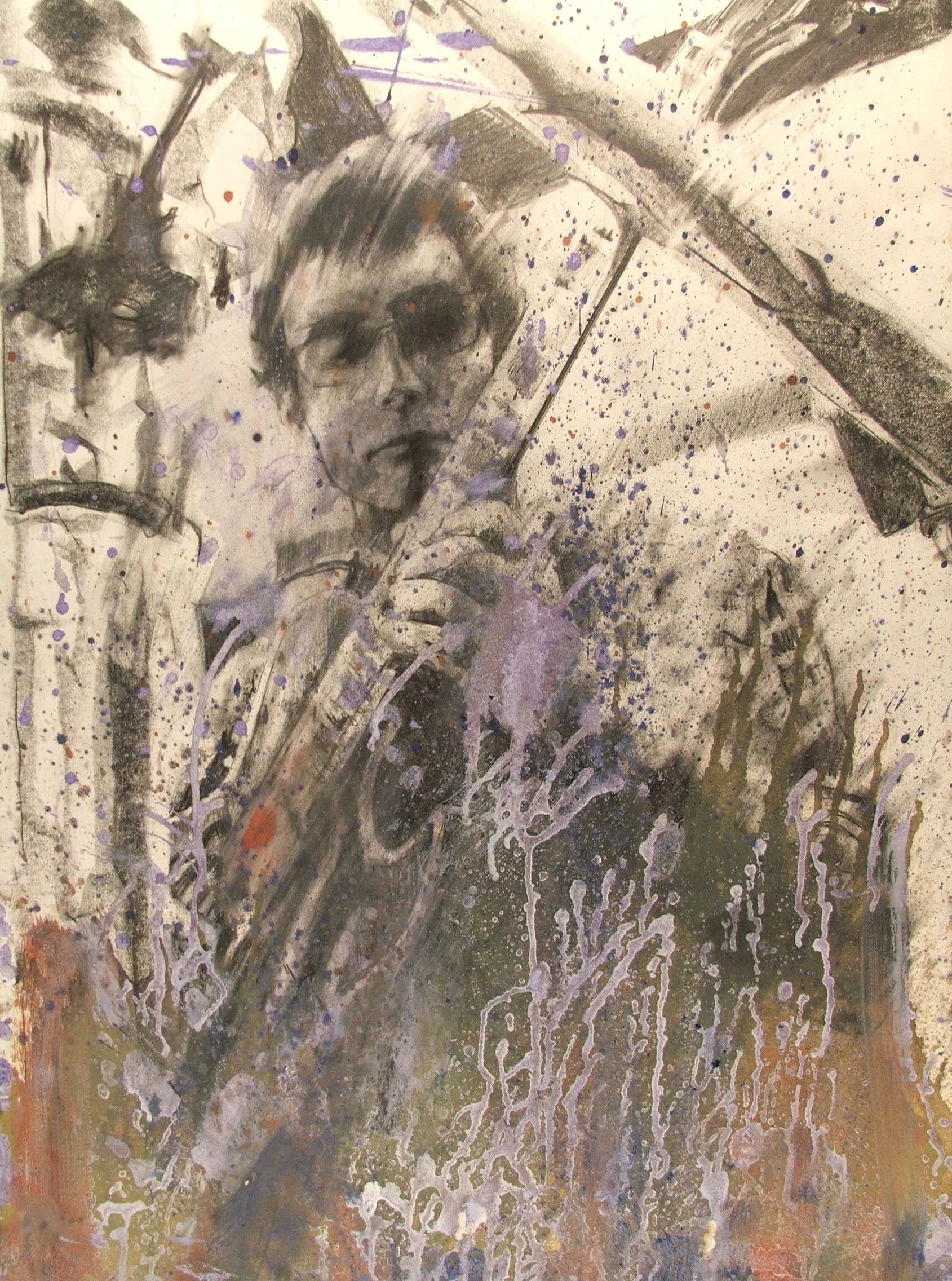 GUITARIST
Graphite, oil paint and water on Rives B.F.K.
22" x 30"
c. 2012