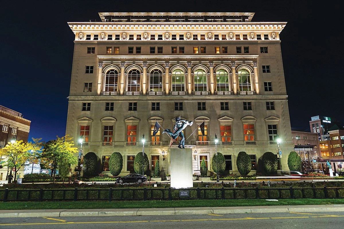The Detroit Athletic Club lit up at nighttime