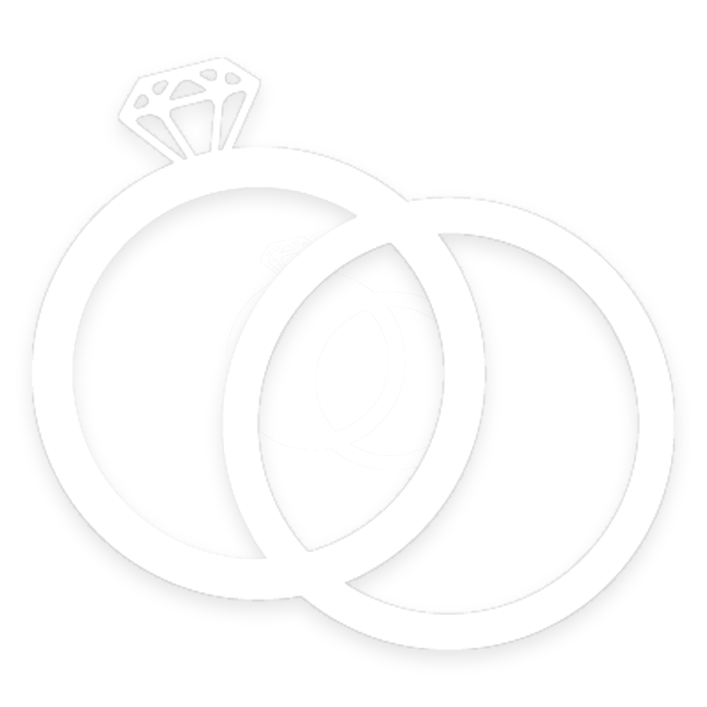 Silhouette of three rings with a diamond on top, symbolizing engagement and wedding rings, on a black background.
