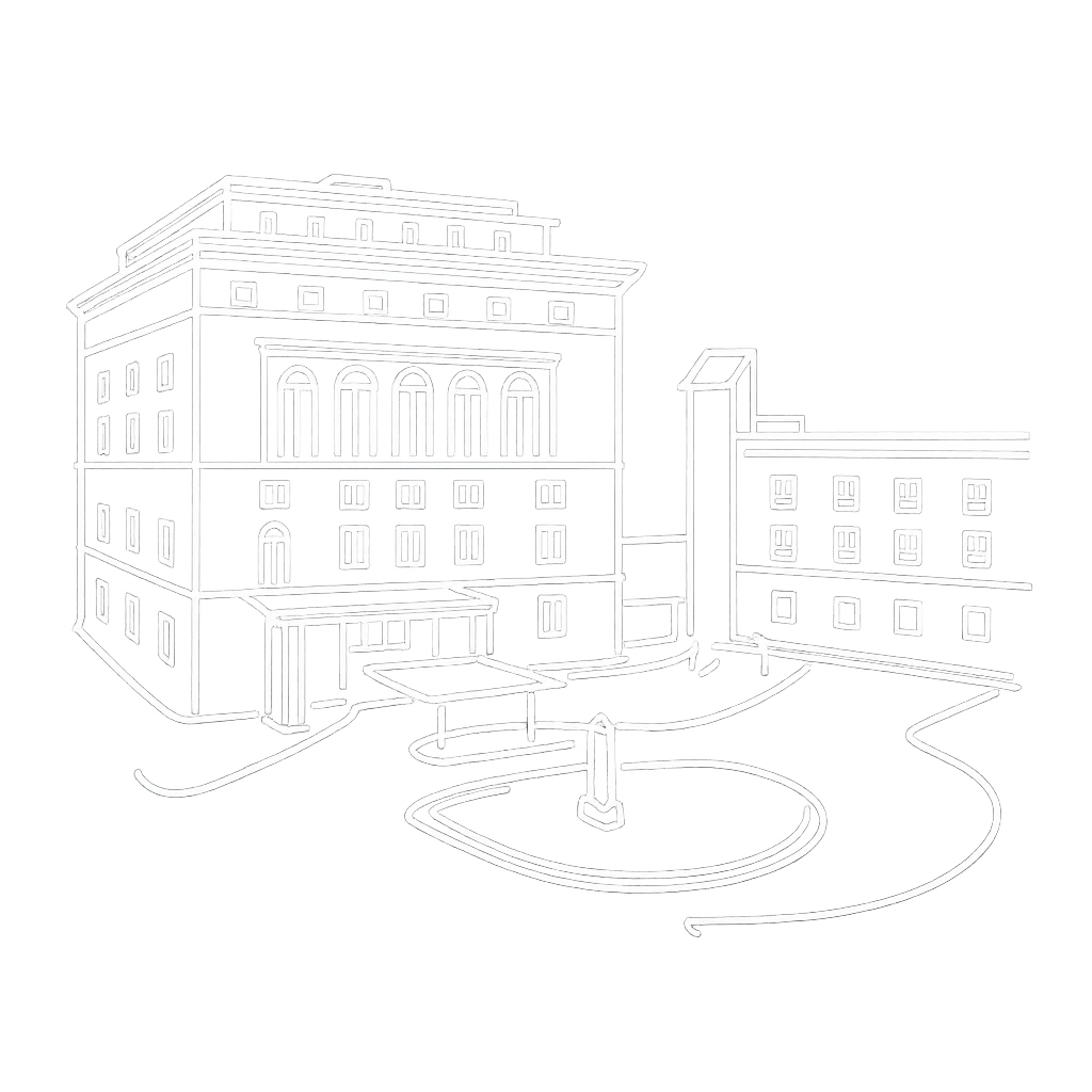 Line drawing of a multi-story hospital building with a security gate and a fountain in front, on a black background.