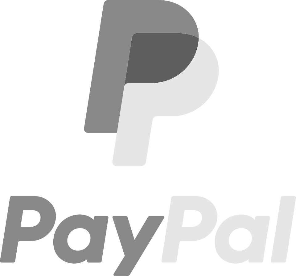 Black, white, and gray PayPal logo featuring a stylized 'P' above the words 'PayPal'.