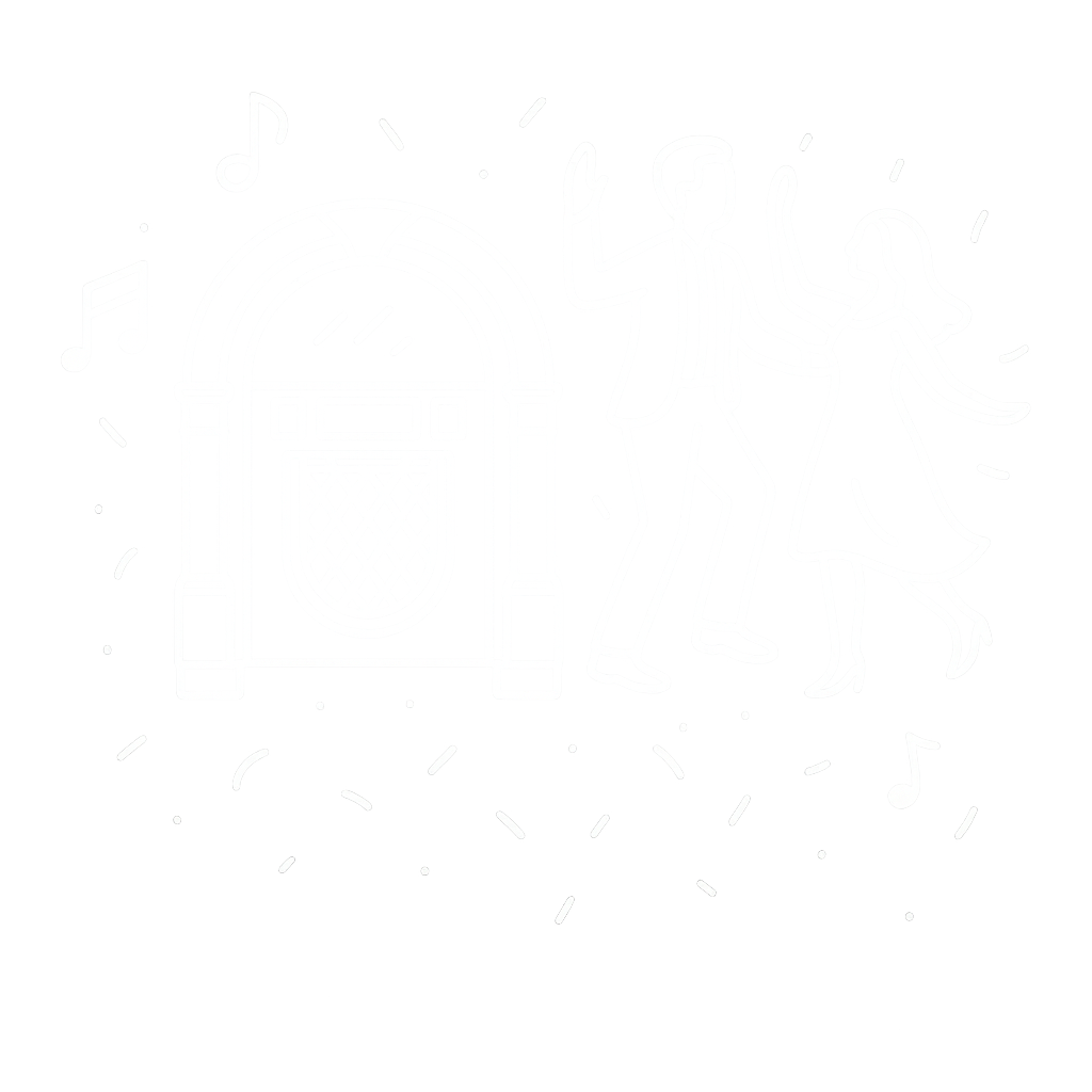 Line drawing of a jukebox with a dancing couple, musical notes, and confetti on a black background.