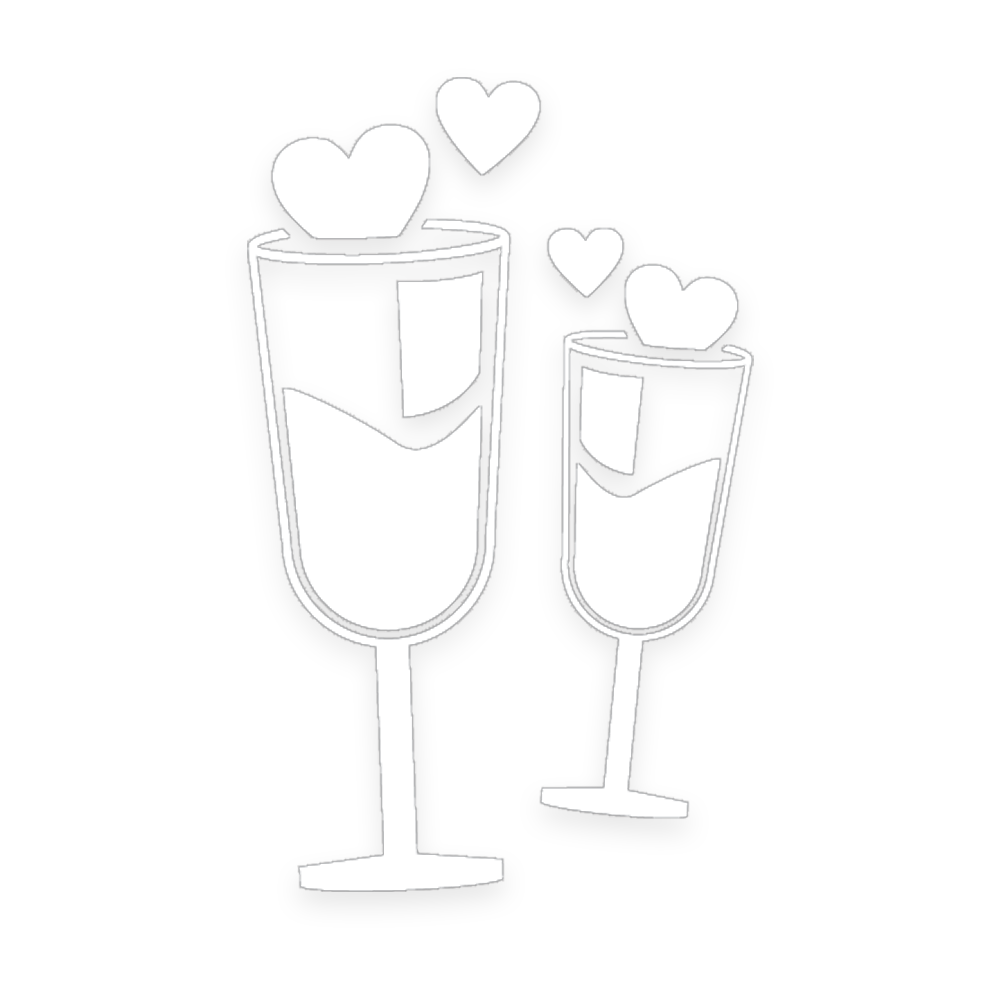 Black and white illustration of two champagne glasses filled with champagne, with hearts floating above them, on a black background.