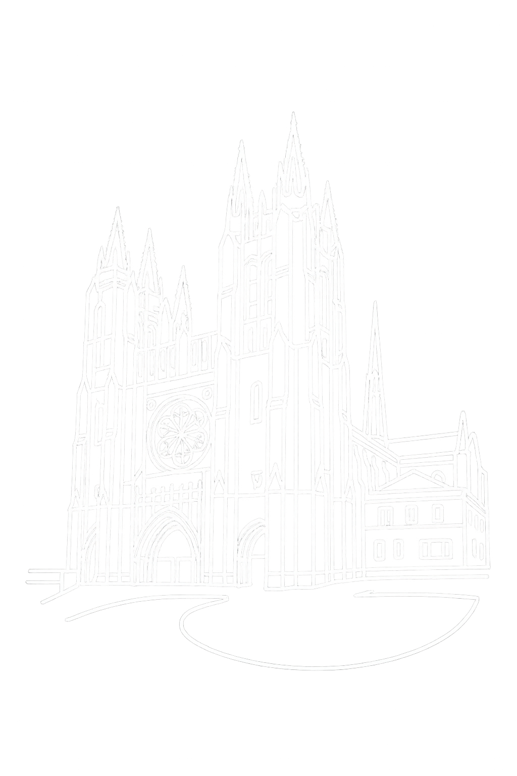 Outline of a gothic cathedral with pointed arches, spires, and stained glass windows, depicted in white lines on a black background.