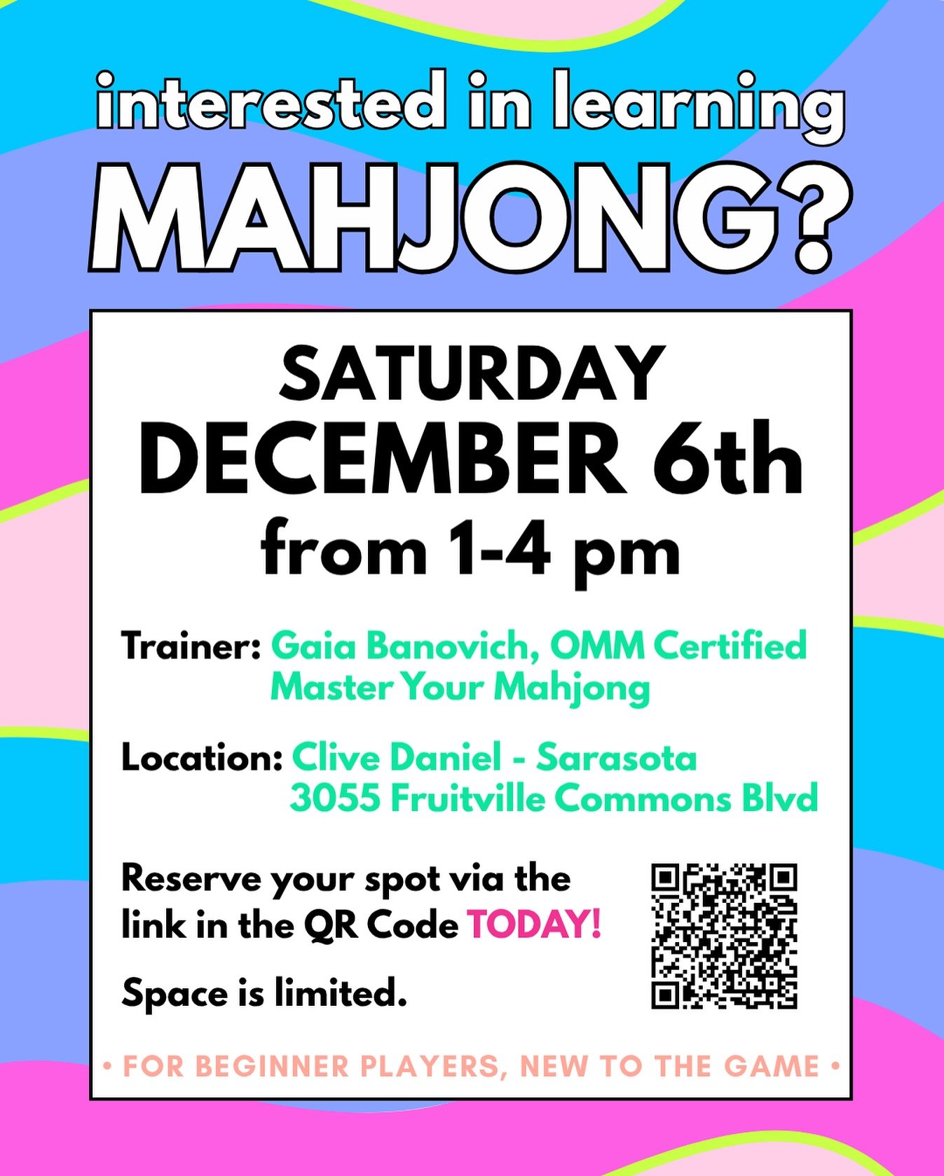 🀄️ 𝗠𝗔𝗛𝗝𝗢𝗡𝗚 𝗜𝗠𝗠𝗘𝗥𝗦𝗜𝗢𝗡: 𝗟𝗲𝗮𝗿𝗻 𝘁𝗼 𝗣𝗹𝗮𝘆 𝗶𝗻 𝗢𝗻𝗲 𝗔𝗳𝘁𝗲𝗿𝗻𝗼𝗼𝗻!⁣
⁣
Want to 𝘧𝘪𝘯𝘢𝘭𝘭𝘺 &ldquo;get&rdquo; Mahjong &mdash; without weeks of confusion? 🤯⁣
Join me for a fun, hands-on afternoon at 𝗖𝗹𝗶𝘃𝗲 𝗗𝗮𝗻𝗶𝗲