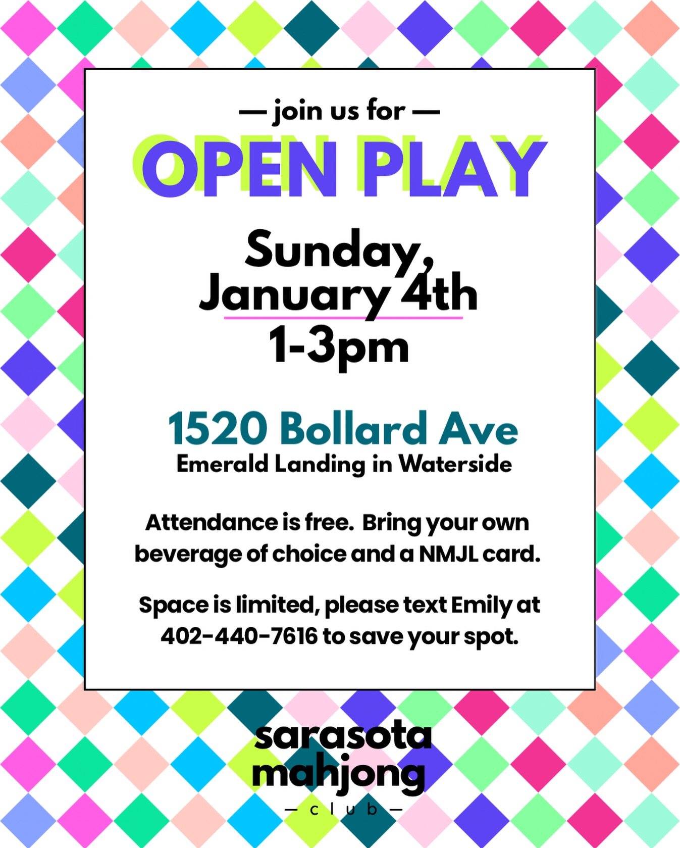 🀄️ 𝗦𝗮𝗿𝗮𝘀𝗼𝘁𝗮 𝗠𝗮𝗵𝗷𝗼𝗻𝗴 𝗖𝗹𝘂𝗯 &mdash; 𝗢𝗽𝗲𝗻 𝗣𝗹𝗮𝘆 𝗜𝗻𝘃𝗶𝘁𝗮𝘁𝗶𝗼𝗻 🀄️⁣
⁣
Join us for a fun and welcoming 𝗠𝗮𝗵𝗷𝗼𝗻𝗴 𝗢𝗽𝗲𝗻 𝗣𝗹𝗮𝘆 afternoon at the beautiful Emerald Landing Amenity Center in Waterside &mdash; perfect