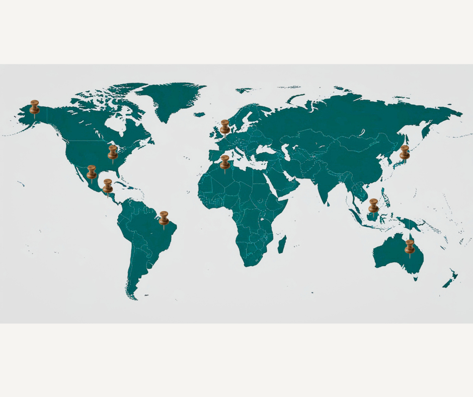 World map with pins on various countries including the USA, Spain, France, the UK, South Africa, Australia, Japan, and Brazil.