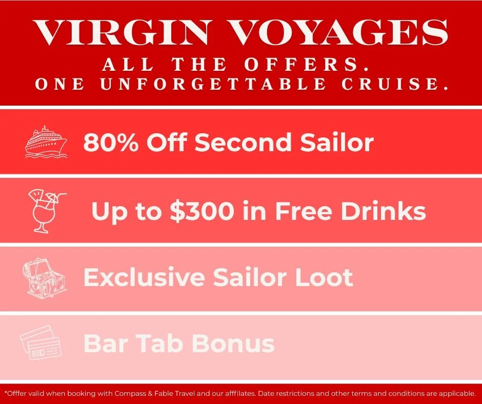 🌊🚢 It&rsquo;s Quad-fecta Time for Virgin Voyages! 🚢🌊

For a limited time, my clients can unlock a dreamy stack of exclusive perks on select Virgin Voyages sailings:

✨ 80% off the Second Sailor
🍸 Up to $300 in Free Drinks (hello, Bar Tab bliss)
