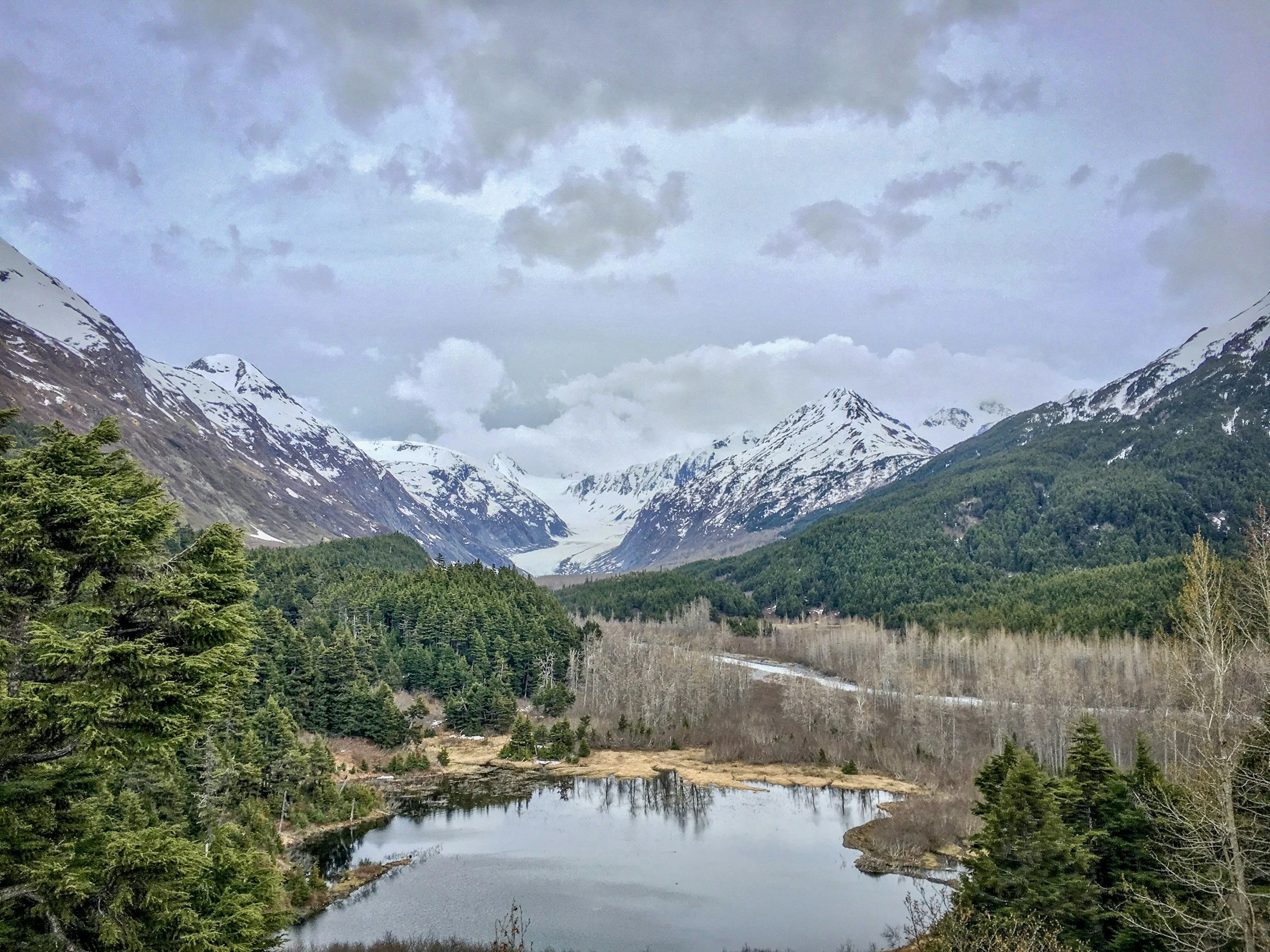 Mountain landscape with snow-capped peaks, green forests, and a calm river with reflections in the foreground under a cloudy sky.