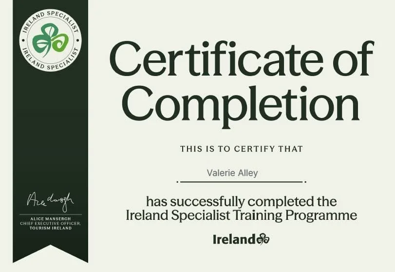 Certificate of completion awarded to Valerie Alley for the Ireland Specialist Training Programme, issued by Tourism Ireland, with a green shamrock logo.
