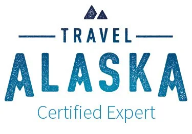 Travel Alaska Certified Expert logo with stylized mountains and text.
