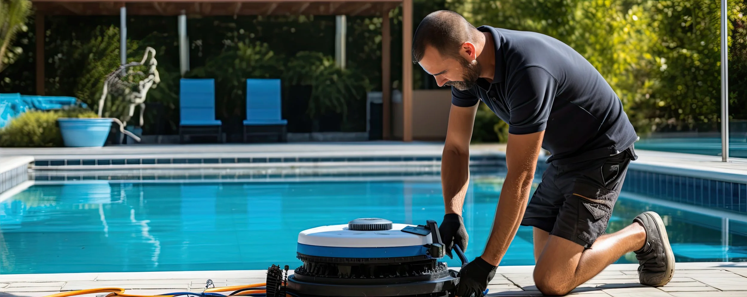 A man kneeling by a swimming pool, operating a robotic pool cleaner, outdoors during daytime.