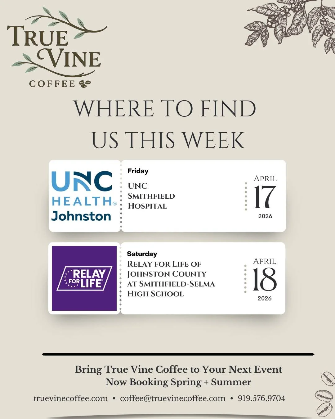 Catch us out and about this week!!

Friday &ndash; UNC Smithfield Hospital
Saturday &ndash; Relay for Life (Johnston County)

Come grab something good