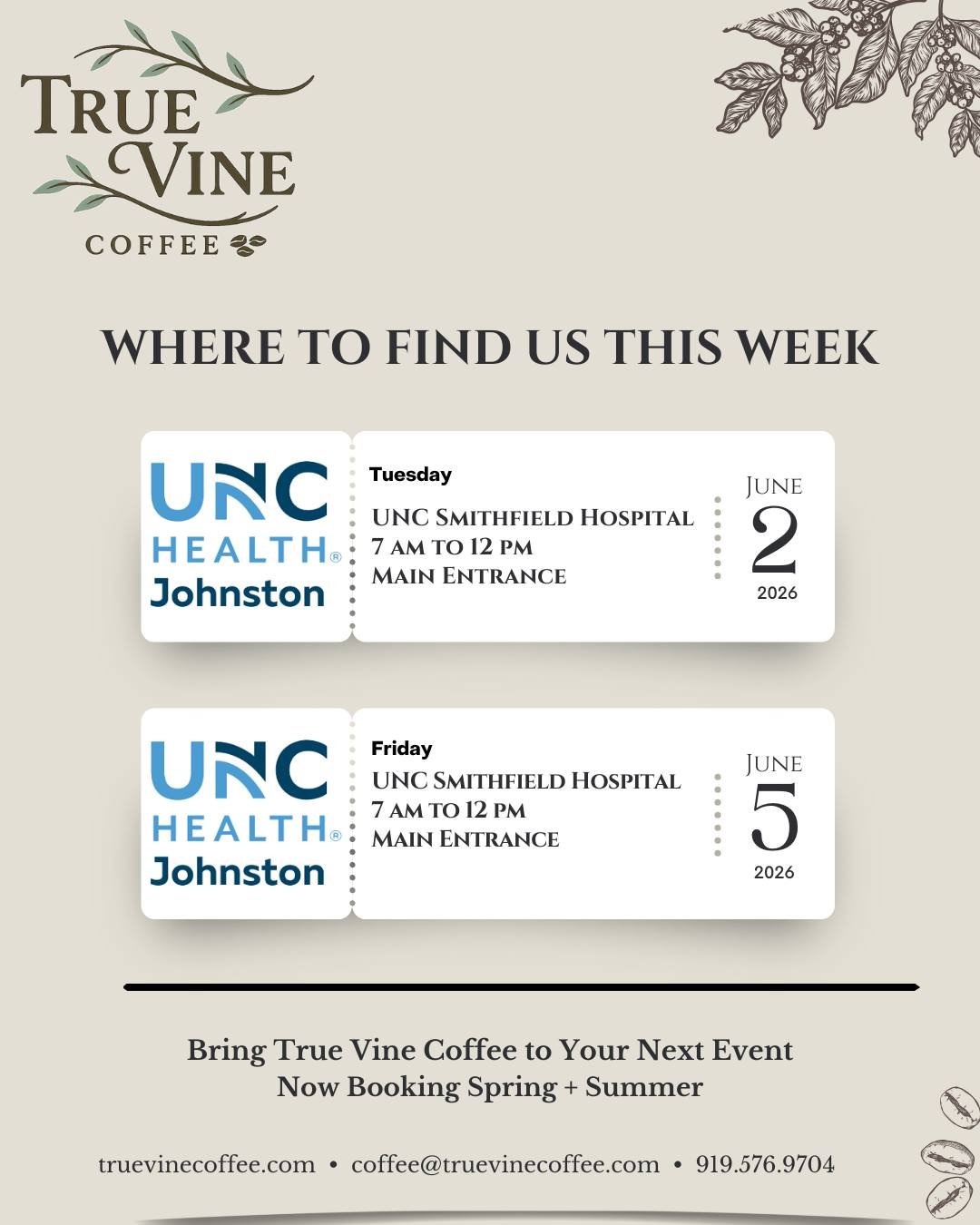 Stop by and let us make your day a little better this week. 
T
wo chances to catch us at UNC Health Johnston in Smithfield!

☕ Tuesday, June 2 &mdash; Main Entrance | 7am&ndash;12pm
☕ Friday, June 5 &mdash; Main Entrance | 7am&ndash;12pm

Summer is f