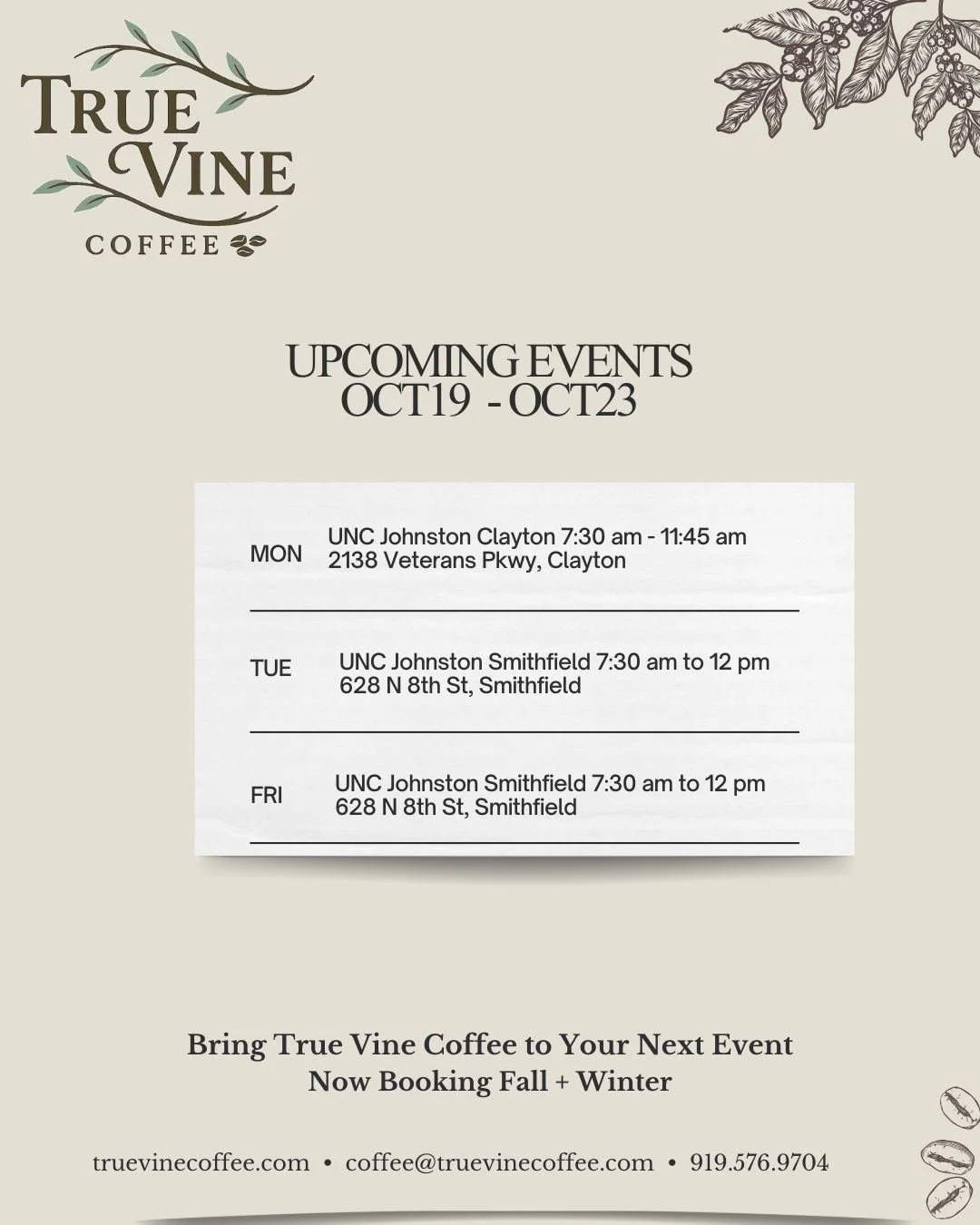 This Week with True Vine Coffee | Oct 19&ndash;23 

We&rsquo;re running a shorter schedule this week so we can cheer on our friends at Labyrinth Robotics, FRC Team 9150, at THOR (Thundering Herd of Robots), North Carolina&rsquo;s off-season FIRST Rob