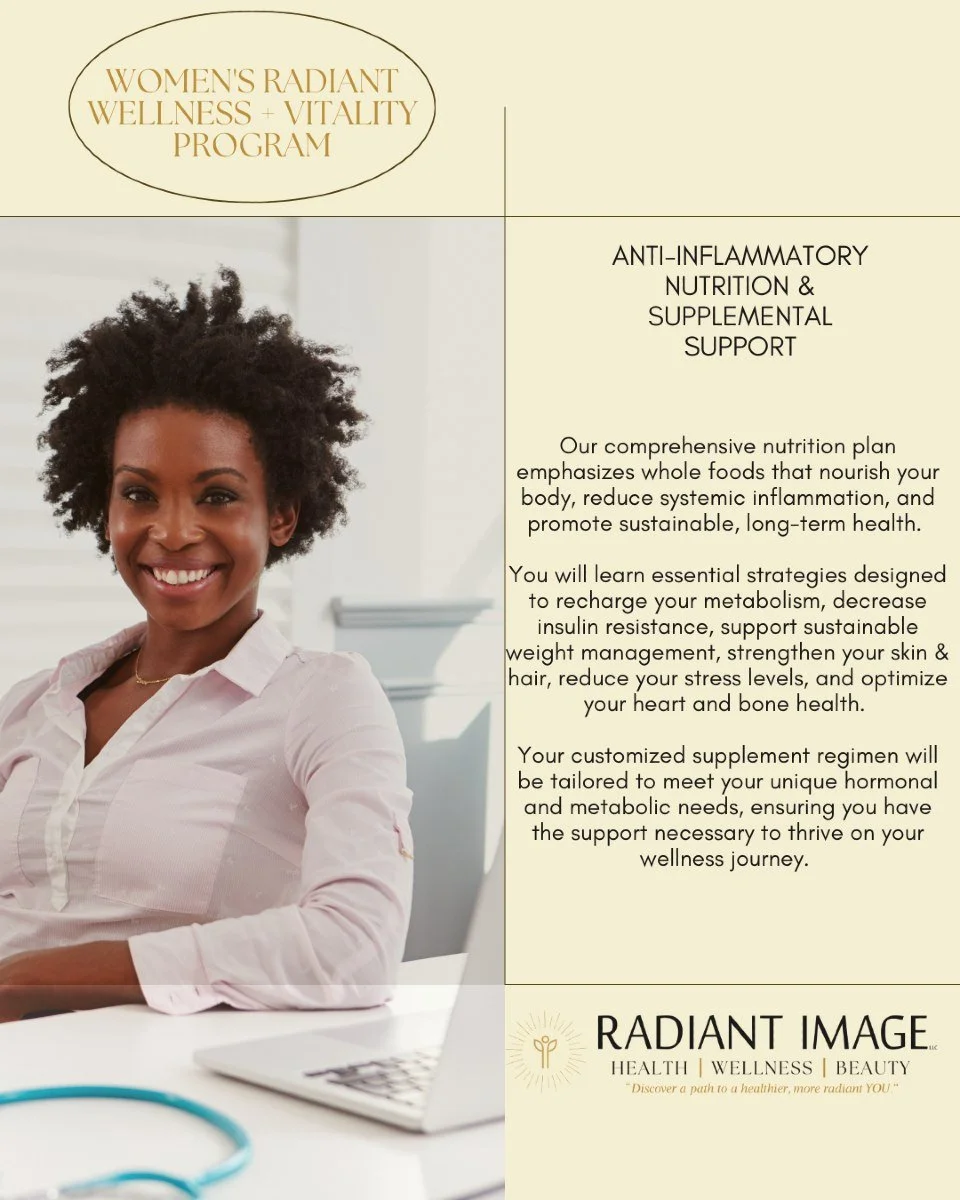Our Hormone Optimization in Perimenopause Program offers a personalized, holistic approach to help you thrive, not just survive, during this critical time in your life. 

The RadiantImageHealth.com Difference:
🥗 Nourishing Nutrition &amp; Clean L