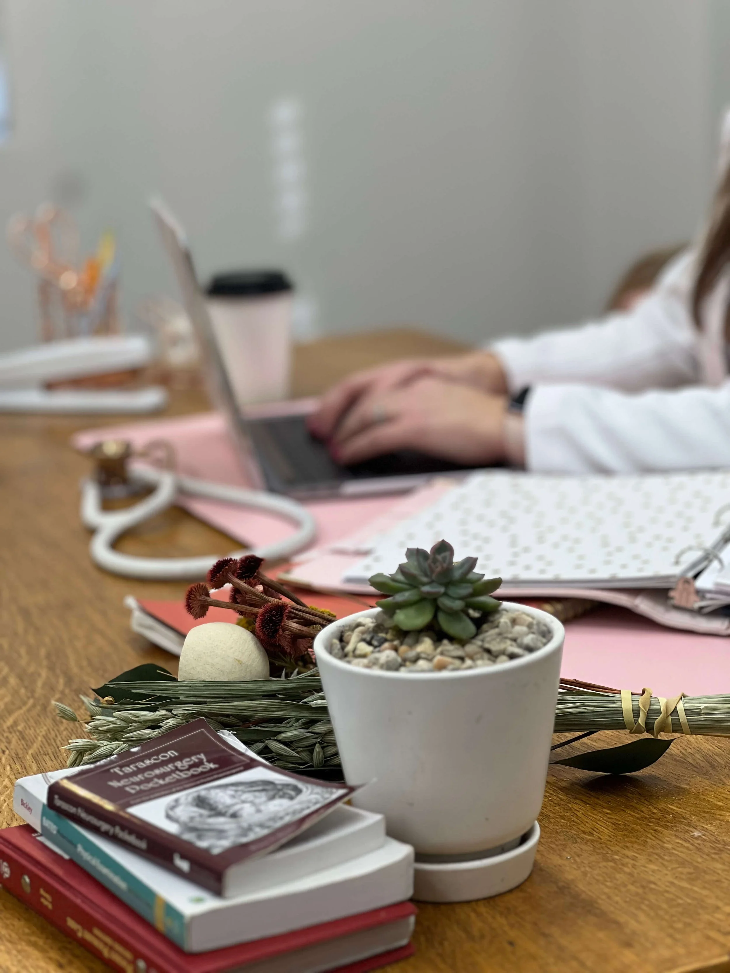 Close-up of a potted succulent on a wooden desk with books, dried flowers, and a massage ball in the foreground, while a person in a white coat works on a laptop in the background.