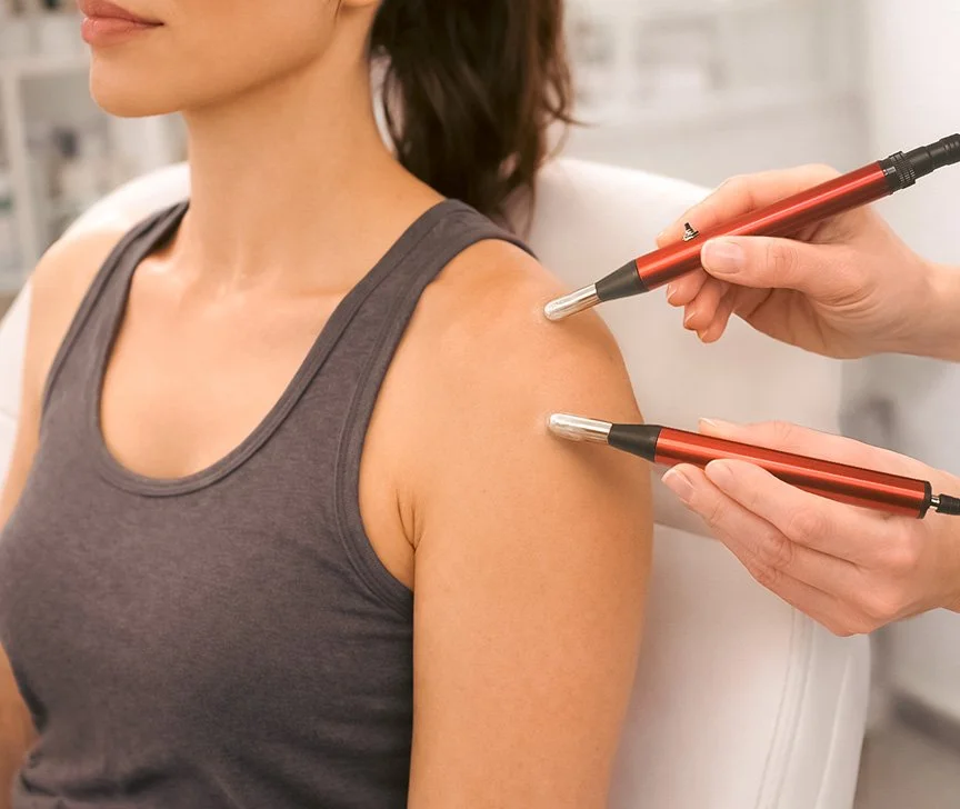 athletic woman receiving microcurrent therapy treatment of her shoulder