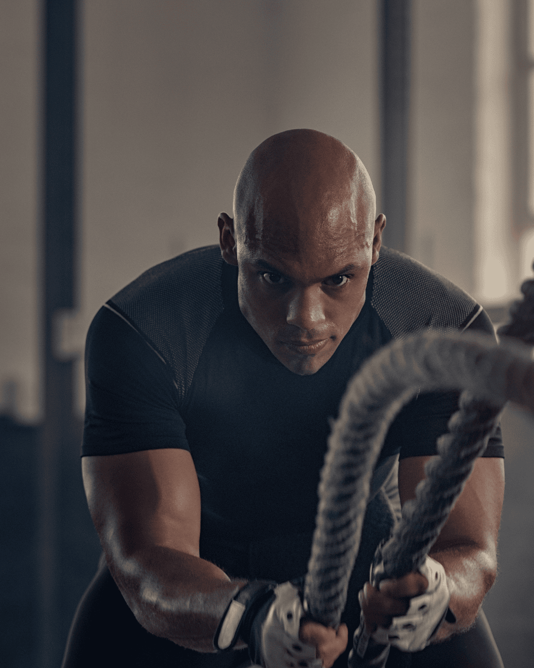 A man with a shaved head and muscular build wearing black athletic clothing and gloves, pulling a thick battle rope during a workout in a gym.