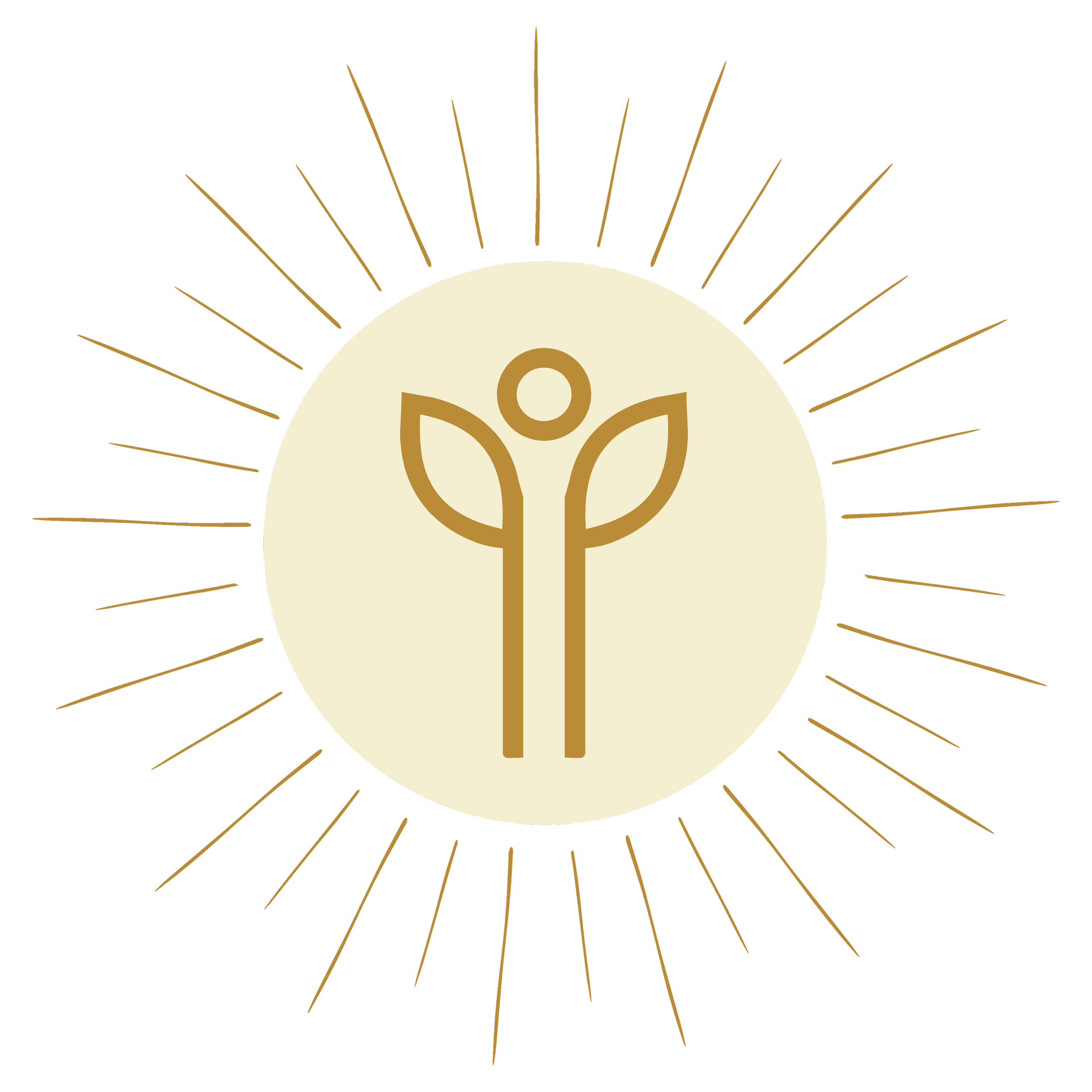 Minimalist logo with a plant and a person inside a cream circle, surrounded by gold rays on a black background.