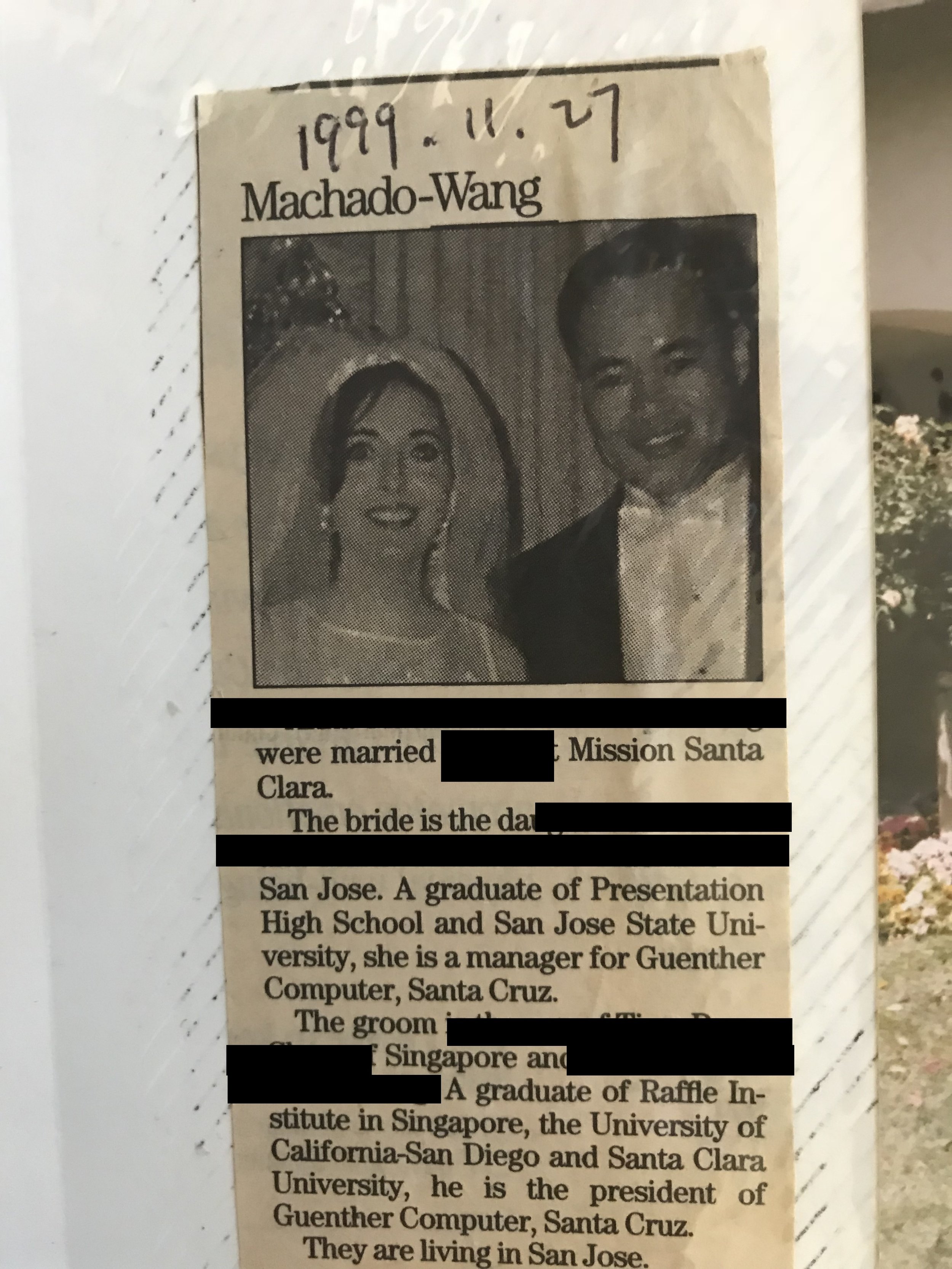 Parents Wedding Newspaper Article, 1999
