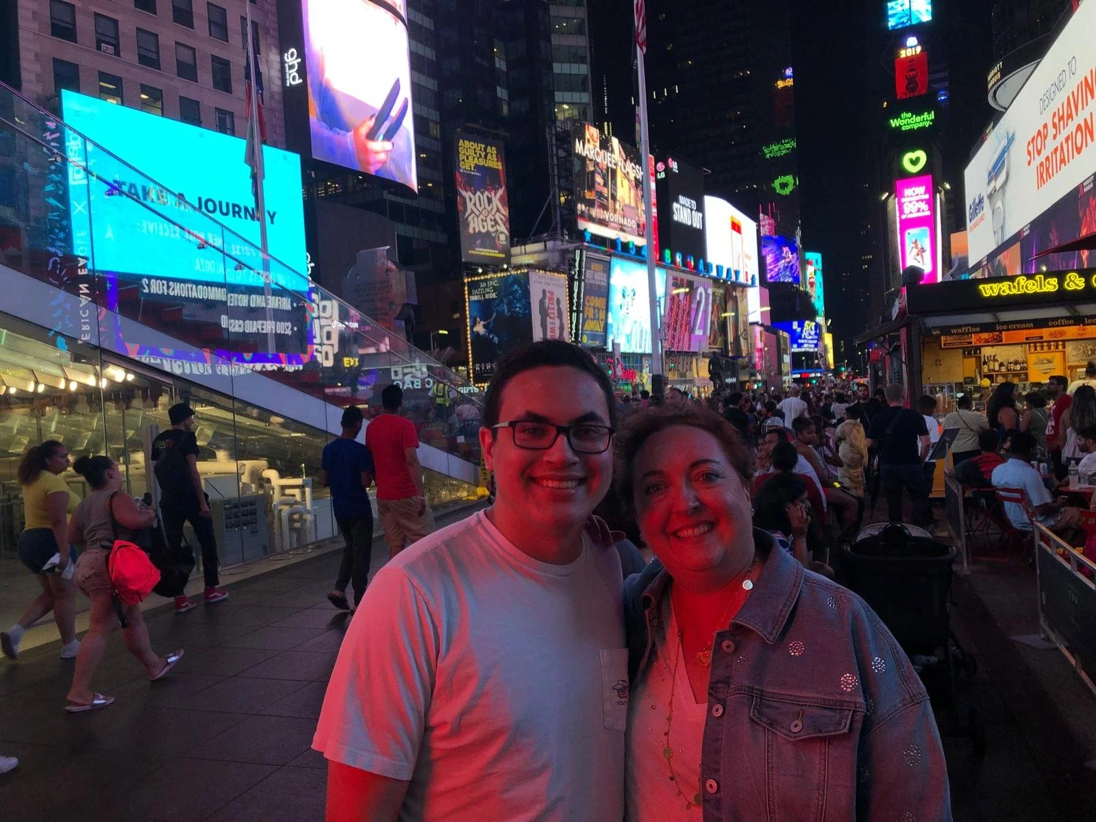 My mom and I in Times Square, Manhattan, New York, 2019