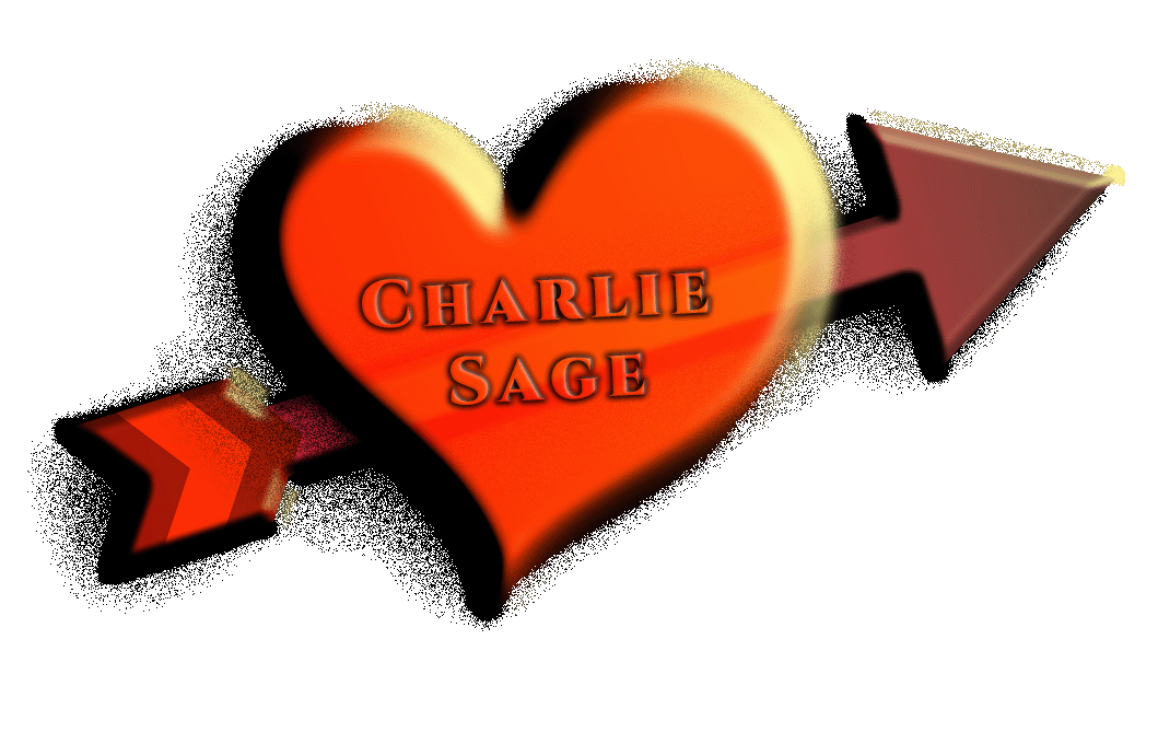A glowing red heart with an arrow piercing through it, and the words 'Charlie Sage' written inside the heart.