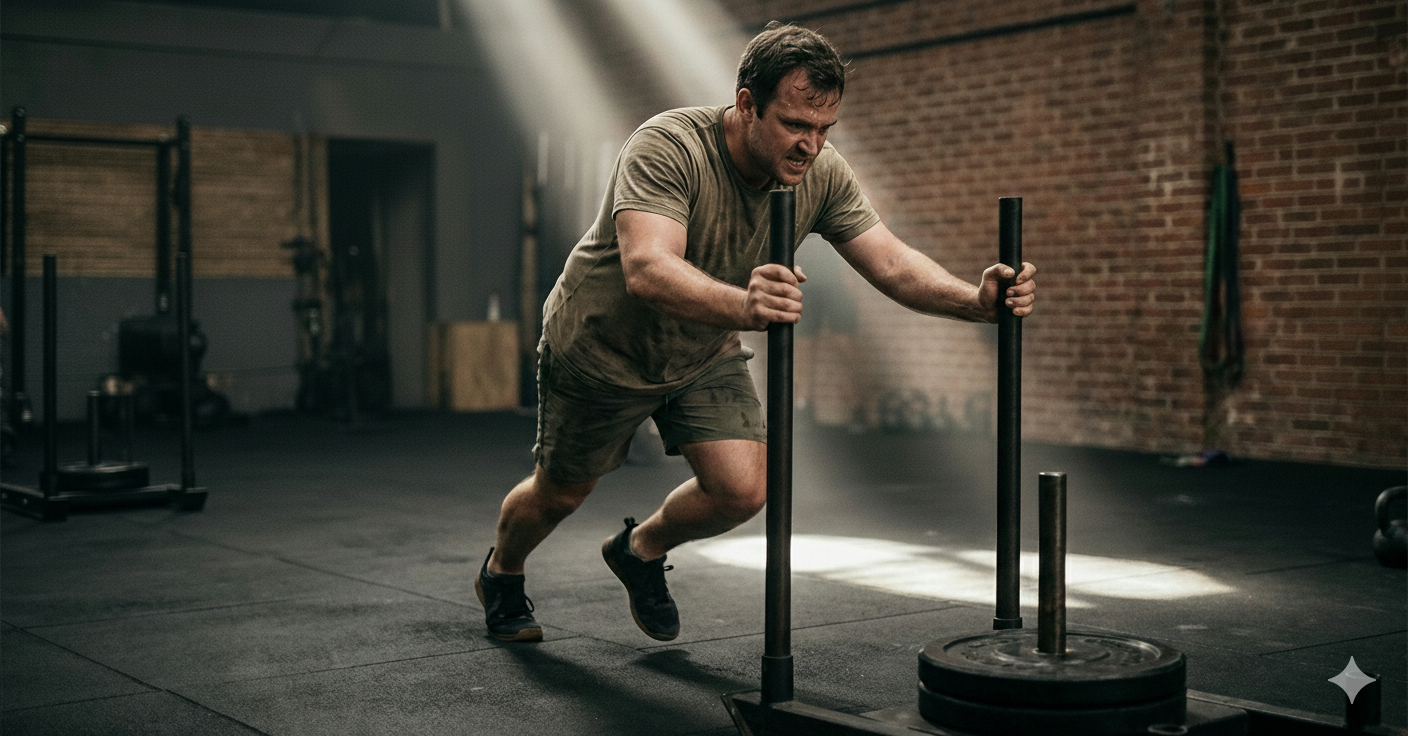 Active adult performing sled push with focused effort