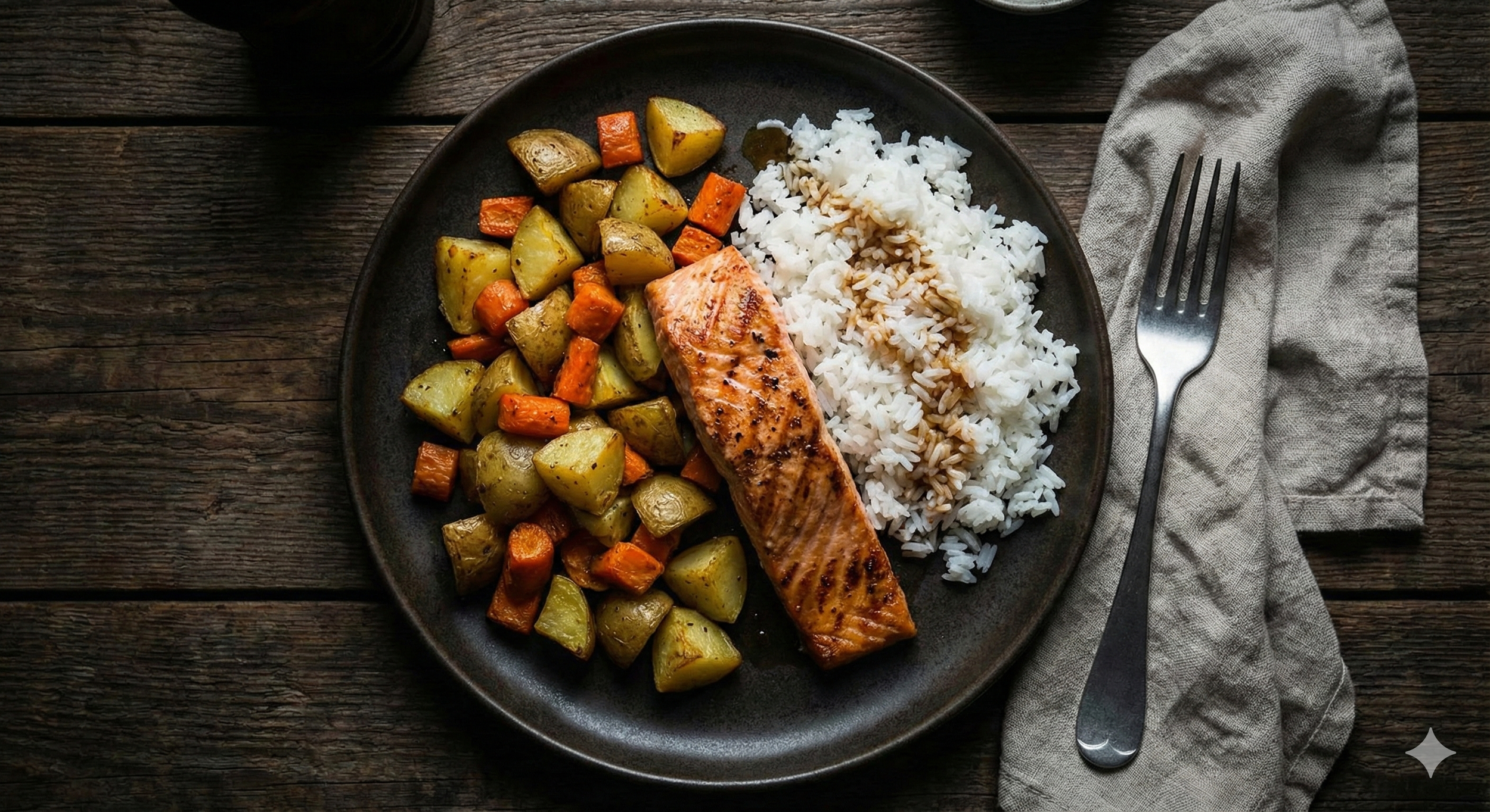 Macro friendly meal. rice. salmon, potatoes