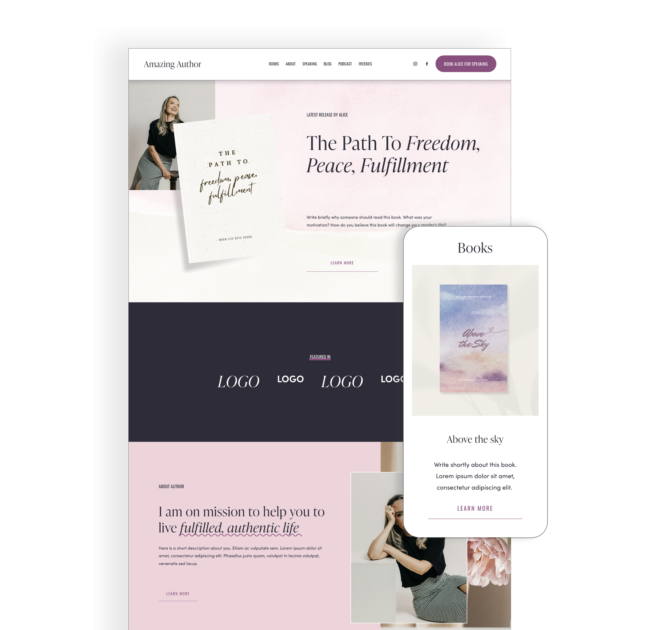 Squarespace website template for author, speaker, podcaster, blogger. Designed by Sommerful Studio.
