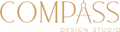 Logo for COMPASS Design Studio in beige text with a stylized compass symbol replacing the letter A