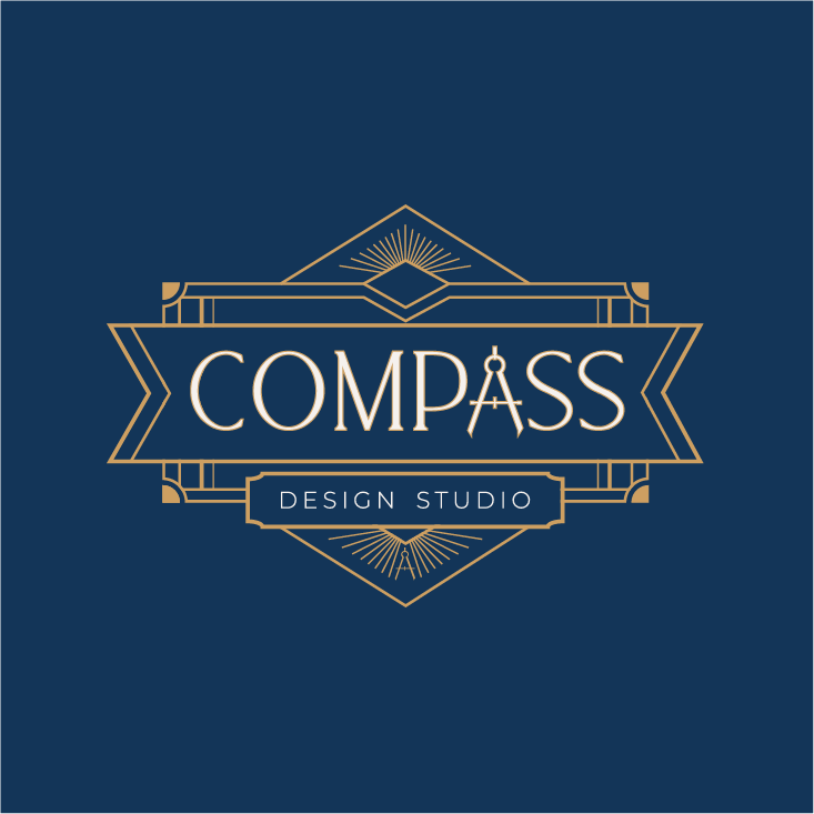 Logo for COMPASS Design Studio with a blue background and gold geometric accents.