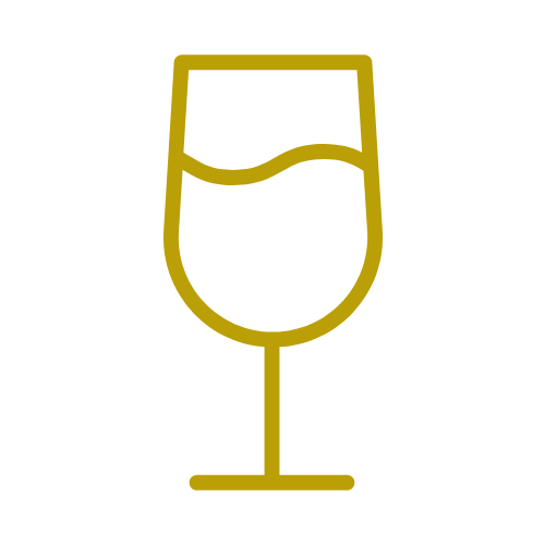 Outline of a wine glass with a liquid inside. Discreet and simple design, gold color on a black background.