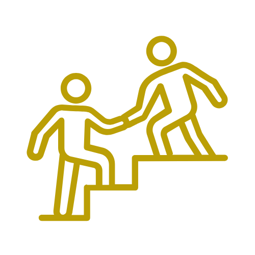 Two simplified human figures, one helping the other up stairs, symbolizing support or assistance.