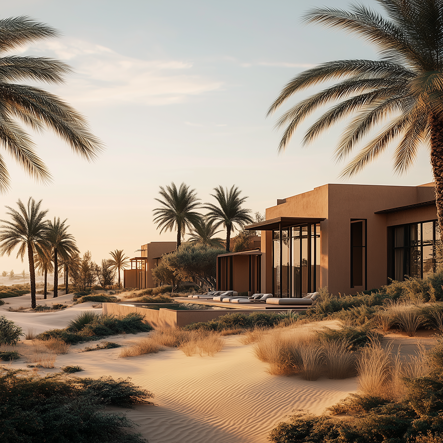 Casas modernas à beira de uma praia deserta com palmeiras ao pôr do sol.