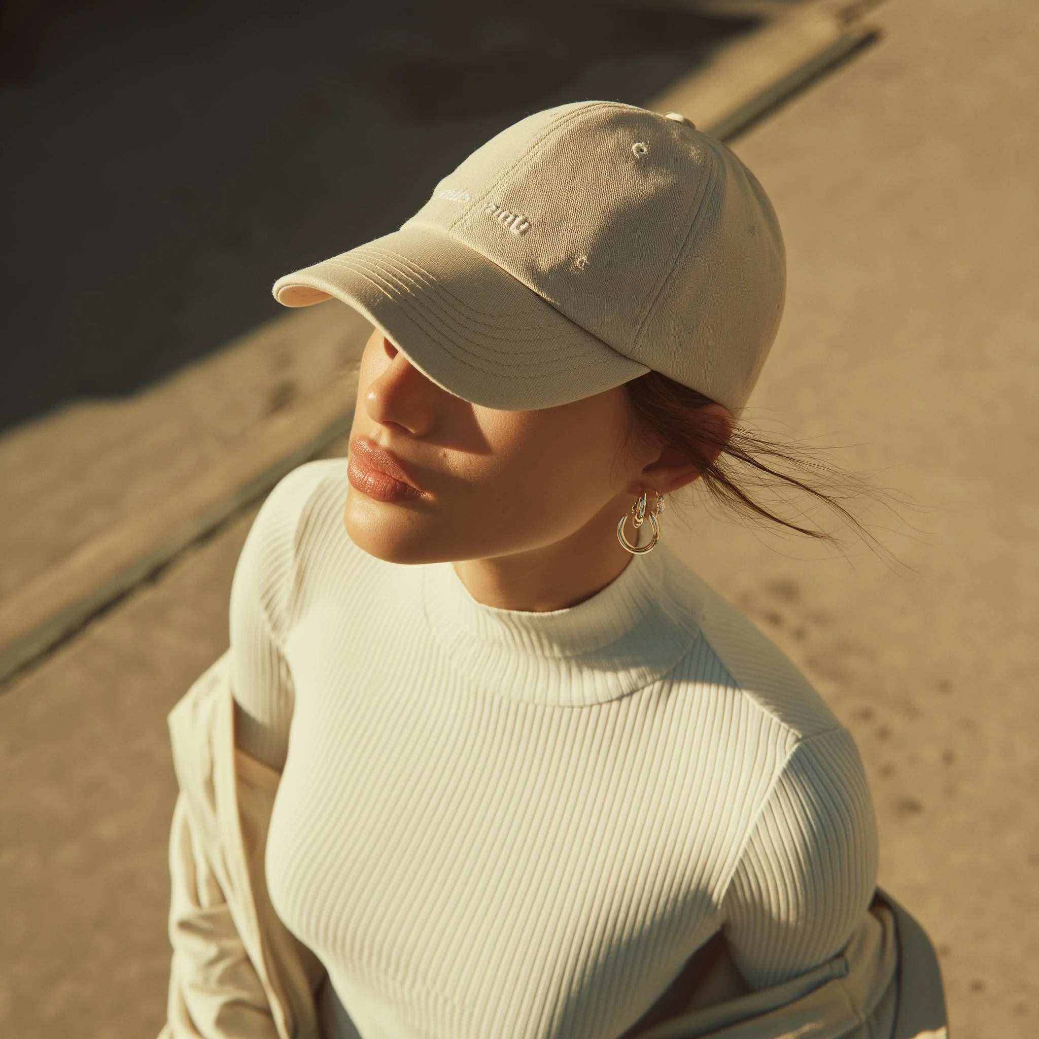 Mulher usando boné bege, camiseta de gola alta branca de manga longa, óculos de argola e brincos de argola, sob luz dourada do pôr do sol.