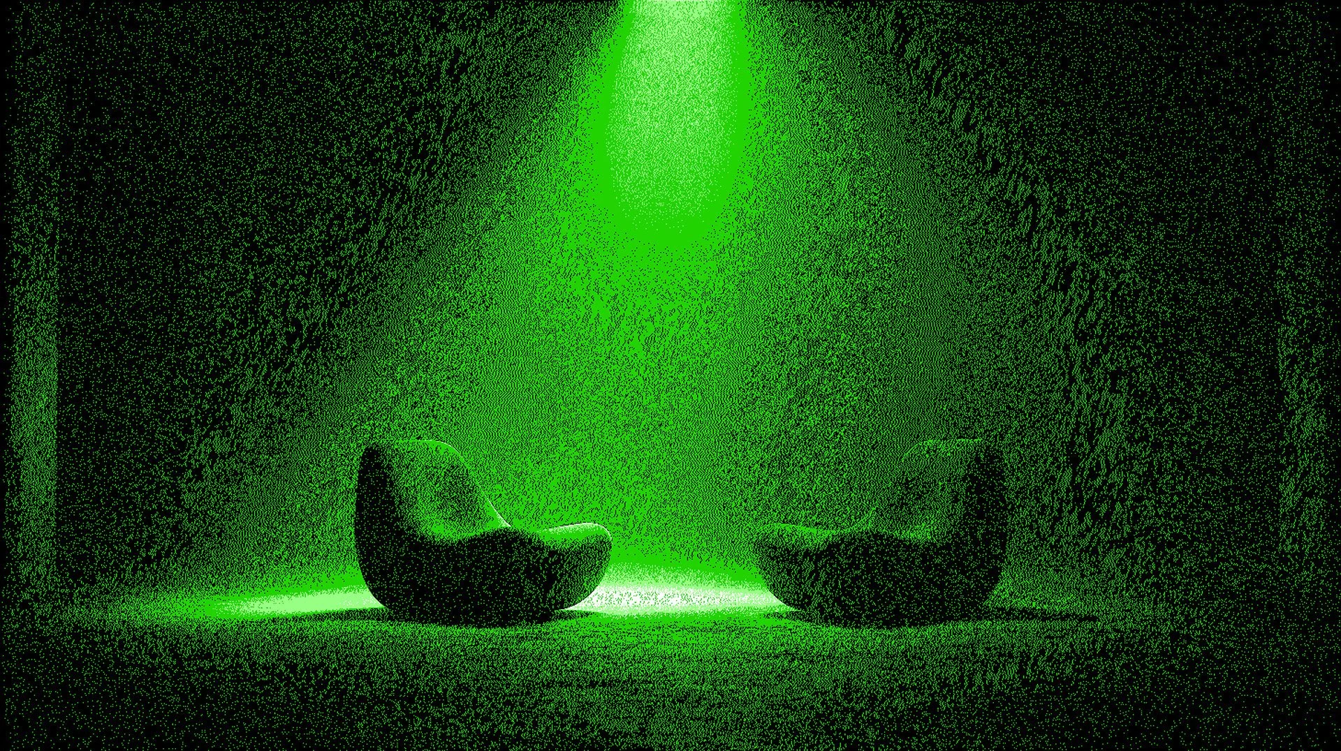 Duas poltronas modernas e ergonômicas, de cores diferentes, colocadas em um ambiente escuro iluminado por uma luz verde.