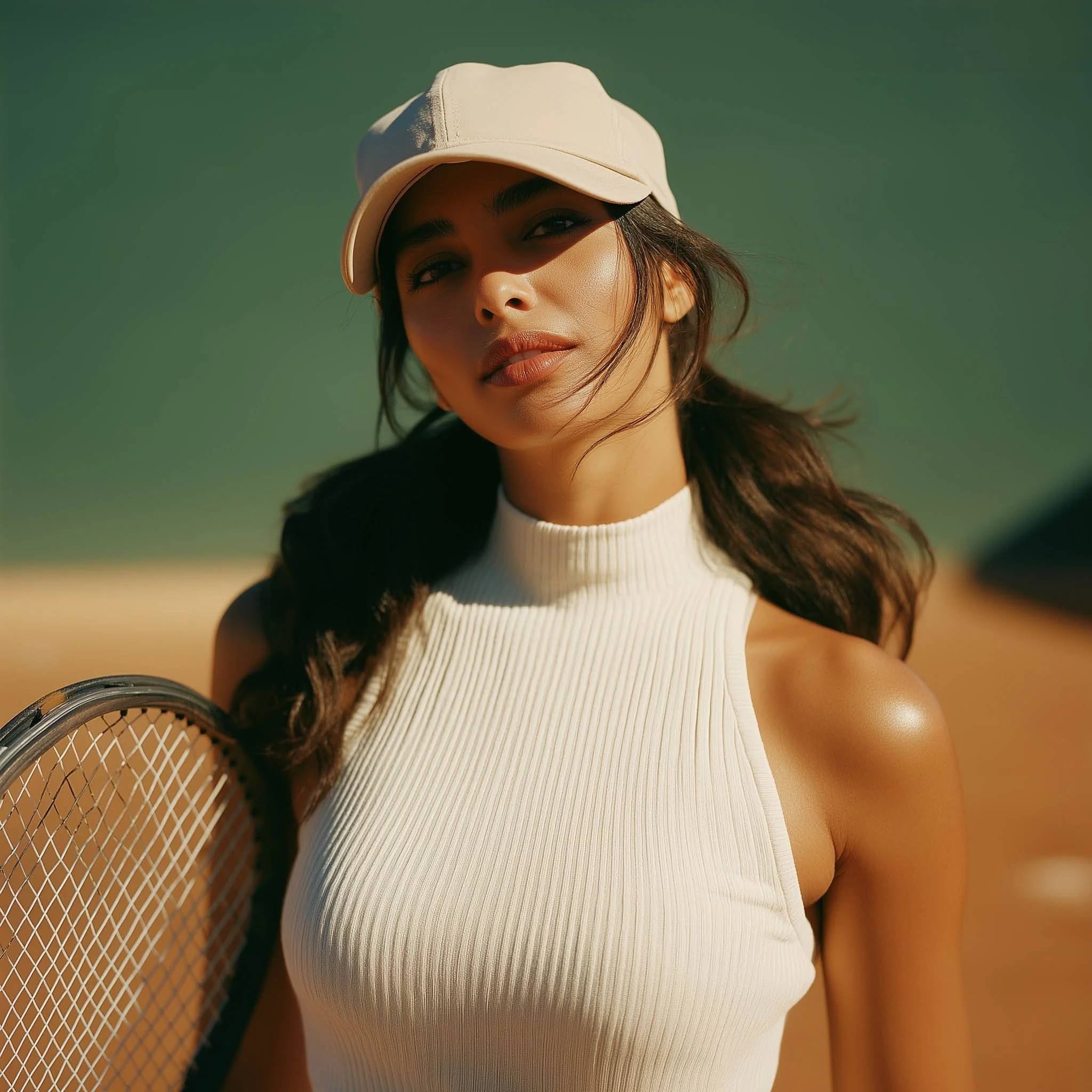 Mulher com pele morena, cabelo castanho solto, usando boné branco, regata branca de ribana, segurando uma raquete de tênis na mão direita, ao ar livre em um ambiente de praia ou deserto com fundo verde e areia.
