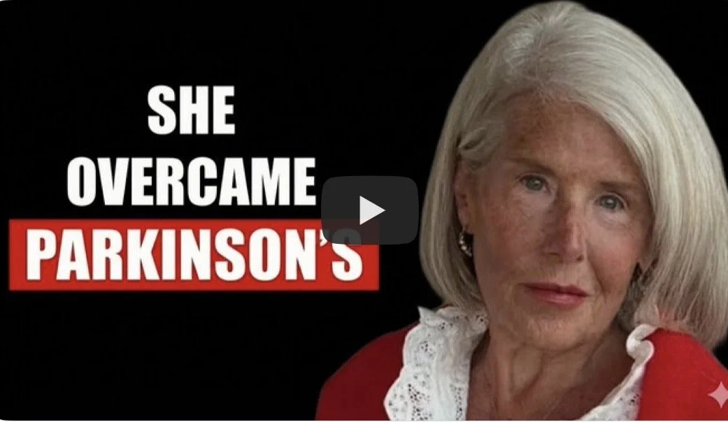 A woman with grey hair wearing a red top and white lace collar, next to text that says, "She overcame Parkinson's."