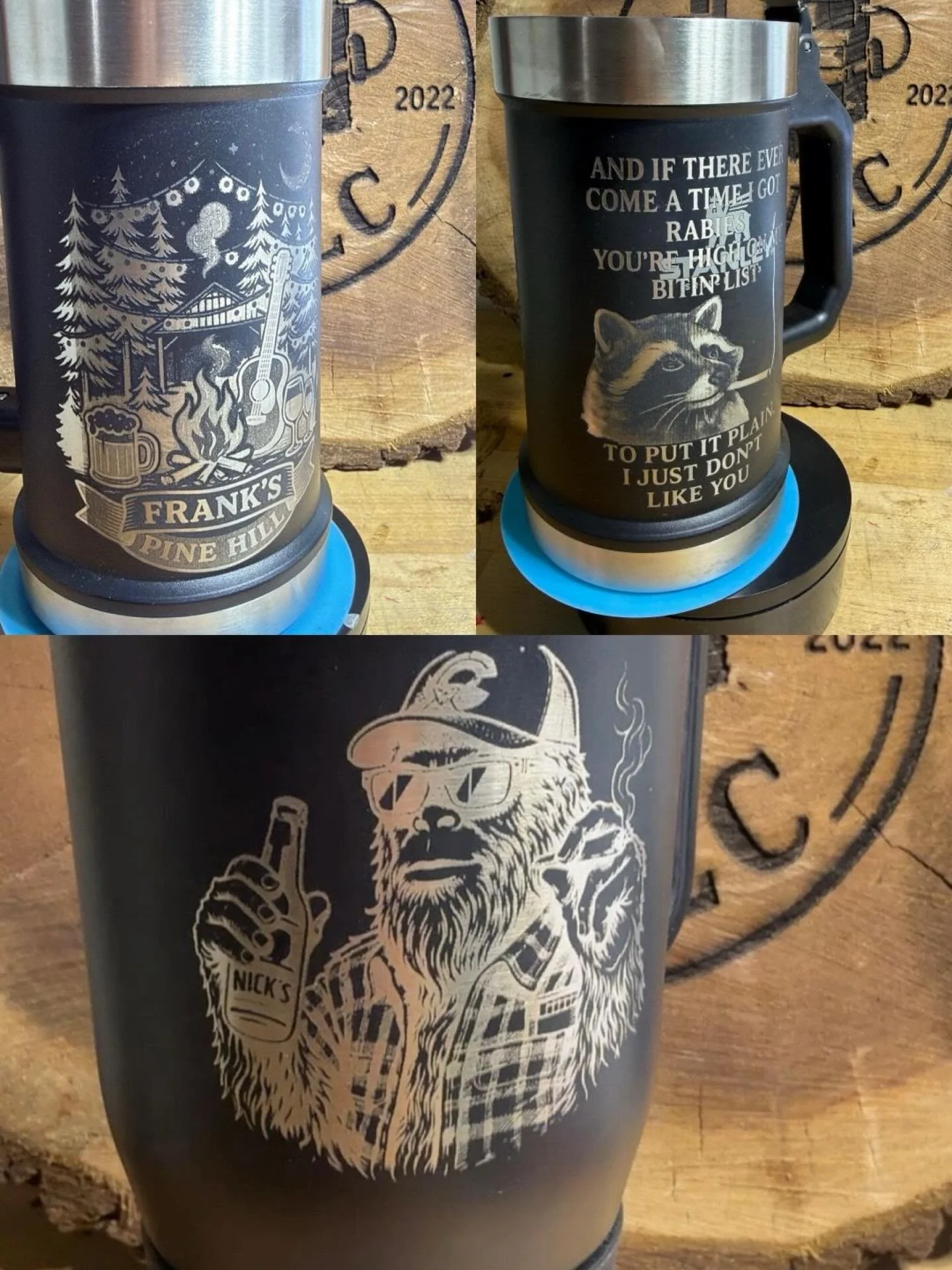 Two cups made for the same reason 🍻🔥
Family time around the fire pit.

The Stanley beer stein got a Tyler Childers&ndash;inspired design with a nod to those fire-pit nights, and the BruMate tumbler features Bigfoot paired with that same family fire