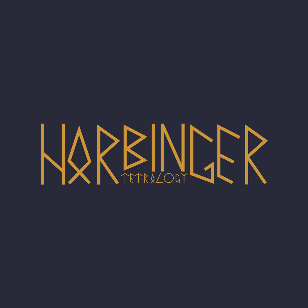 Dark background with gold stylized text reading 'HARBINGER' and smaller text 'TETRALOGY' underneath.