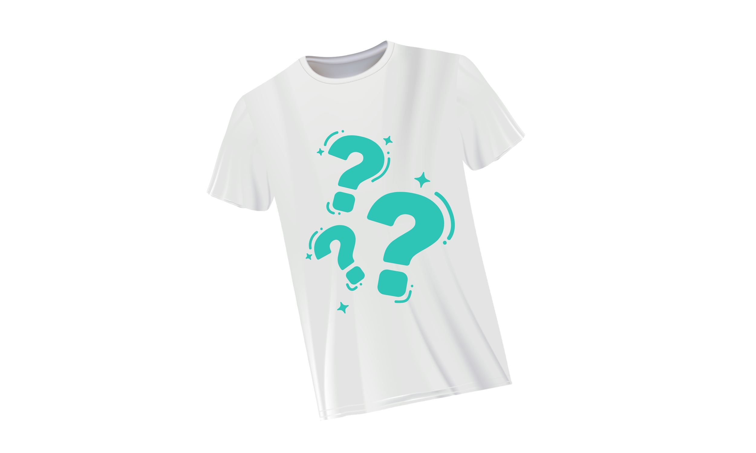 White T-shirt with multiple teal question marks on the front.