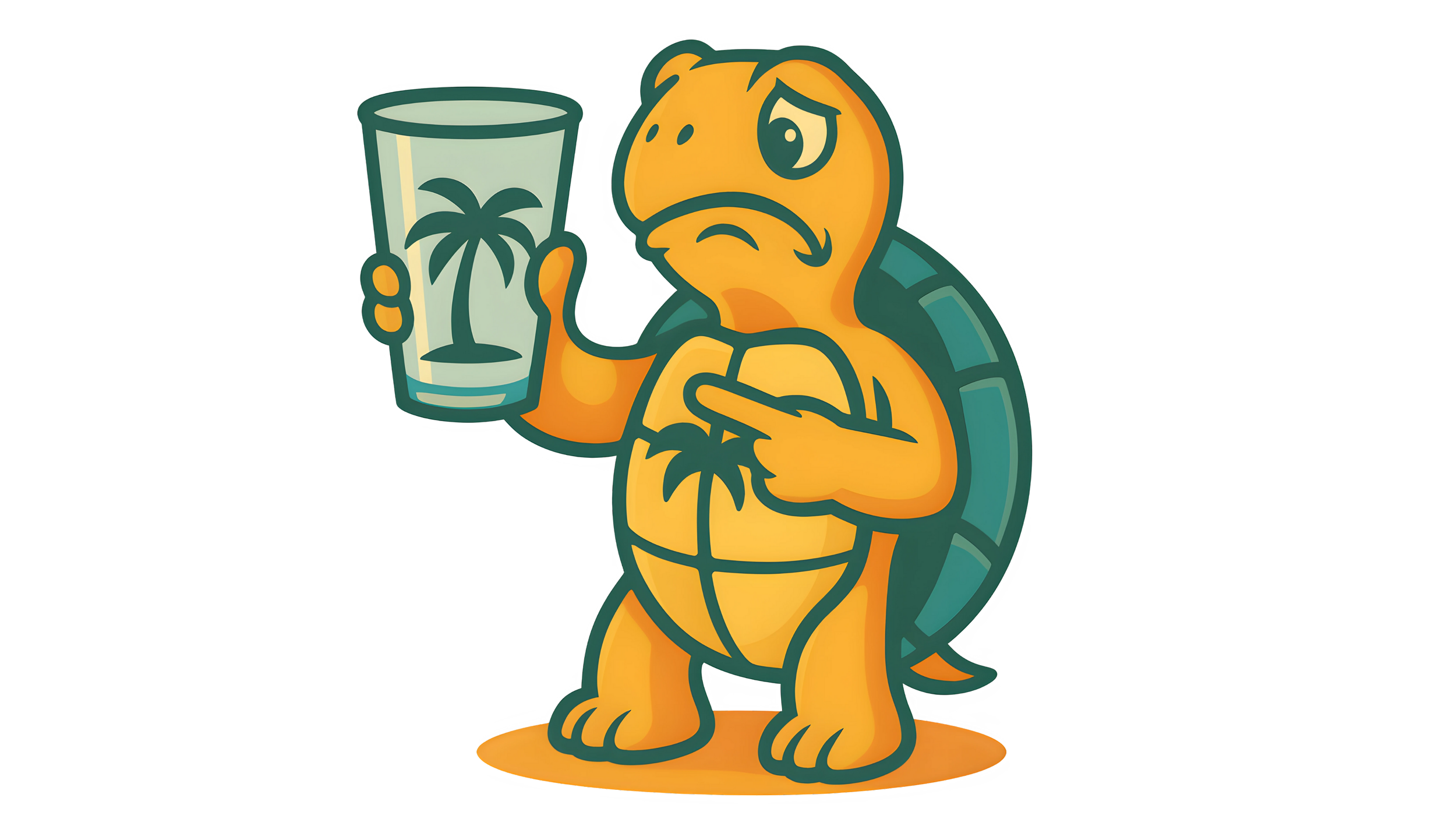 A cartoon turtle holding a drink with a palm tree design, looking sad and pointing at the drink.