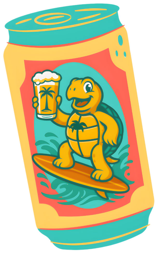 A colorful beverage can featuring a cartoon turtle holding a beer glass with a palm tree design, surfing on a wave.