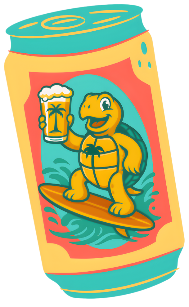 A colorful can featuring a cartoon turtle holding a beer glass with a palm tree design, standing on a surfboard on water.