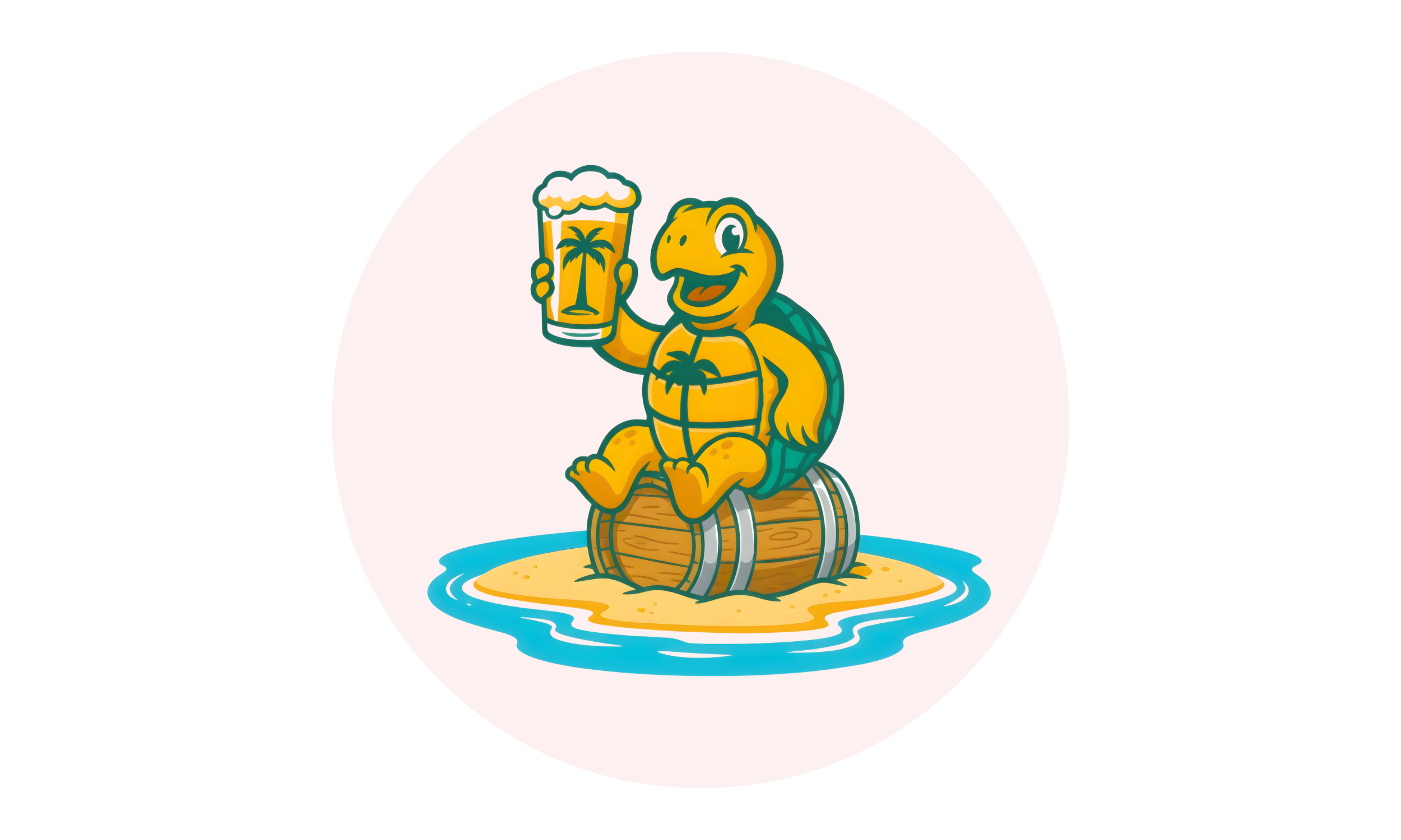A cartoon turtle sitting on a barrel on a small island, holding a beer mug with a palm tree design, smiling.