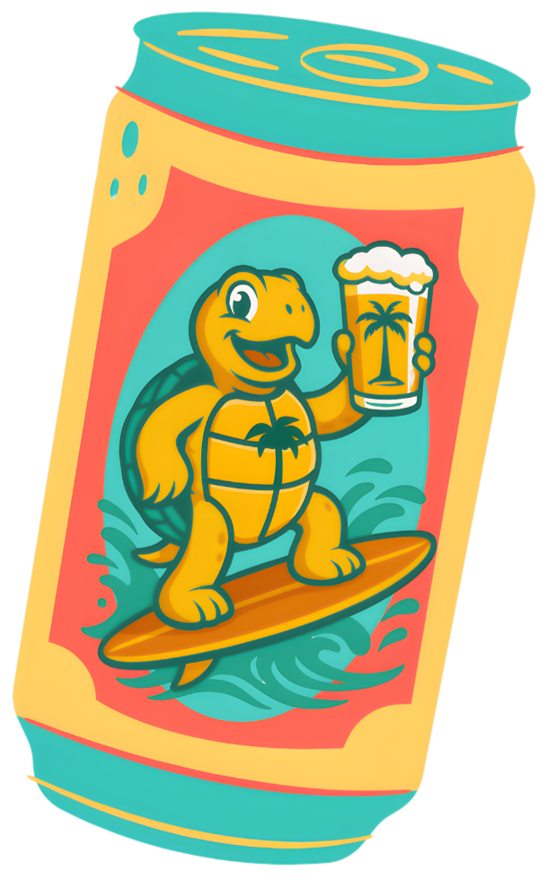 A colorful illustration of a turtle with a cheerful expression surfing a wave while holding a glass of beer with a palm tree on it.