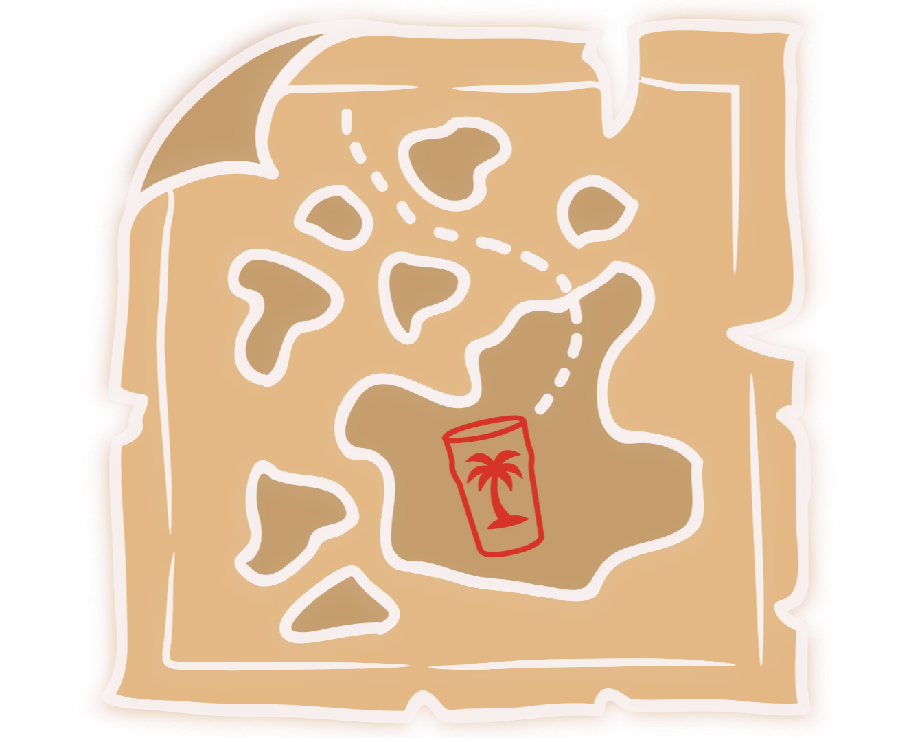 Map of a tropical island with a palm tree icon marked in red and a dotted path leading to it.